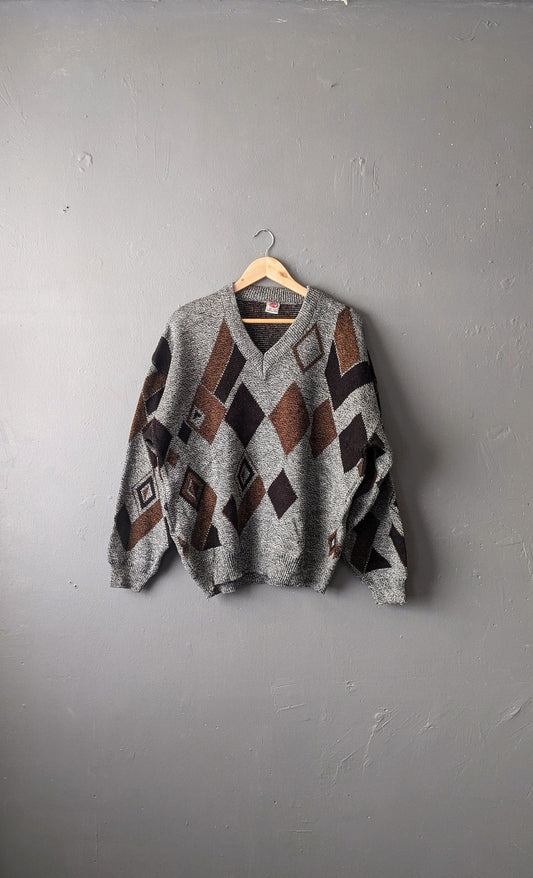 Mens 90s Rhombus Jumper, Geometric Knit Pullover, 50 Chest