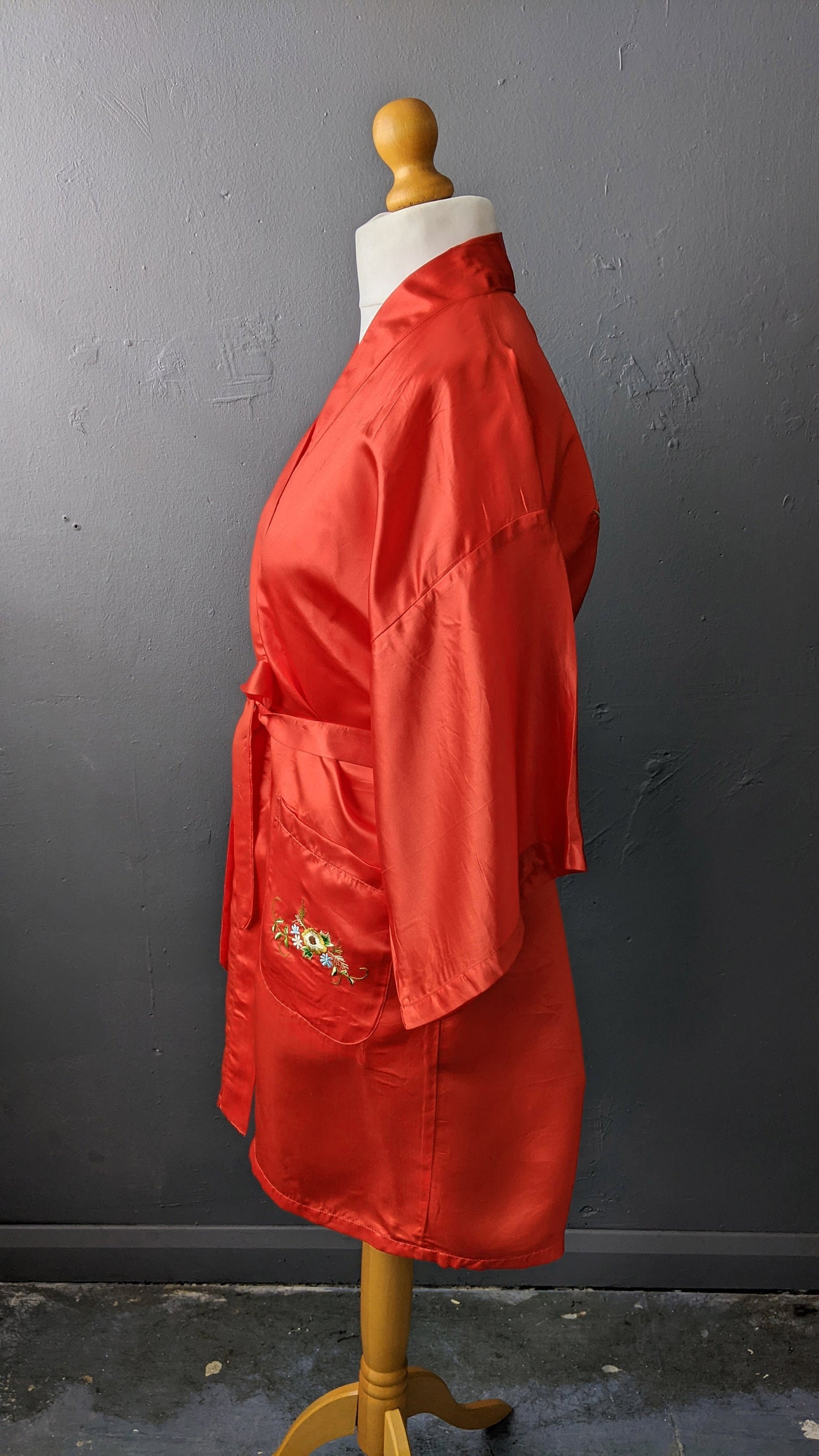 Red Chinese Silk Dressing Gown, Phoenix Embroidered Satin Robe, Size Medium Large