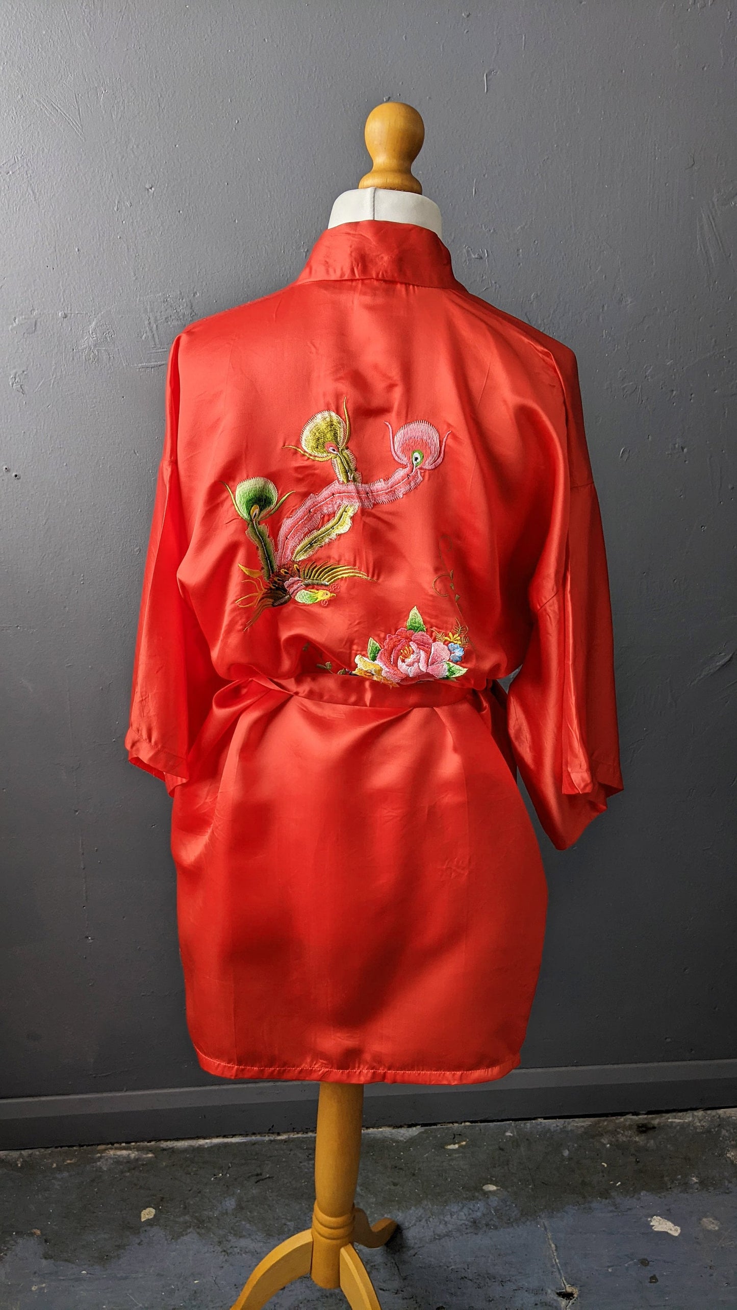 Red Chinese Silk Dressing Gown, Phoenix Embroidered Satin Robe, Size Medium Large