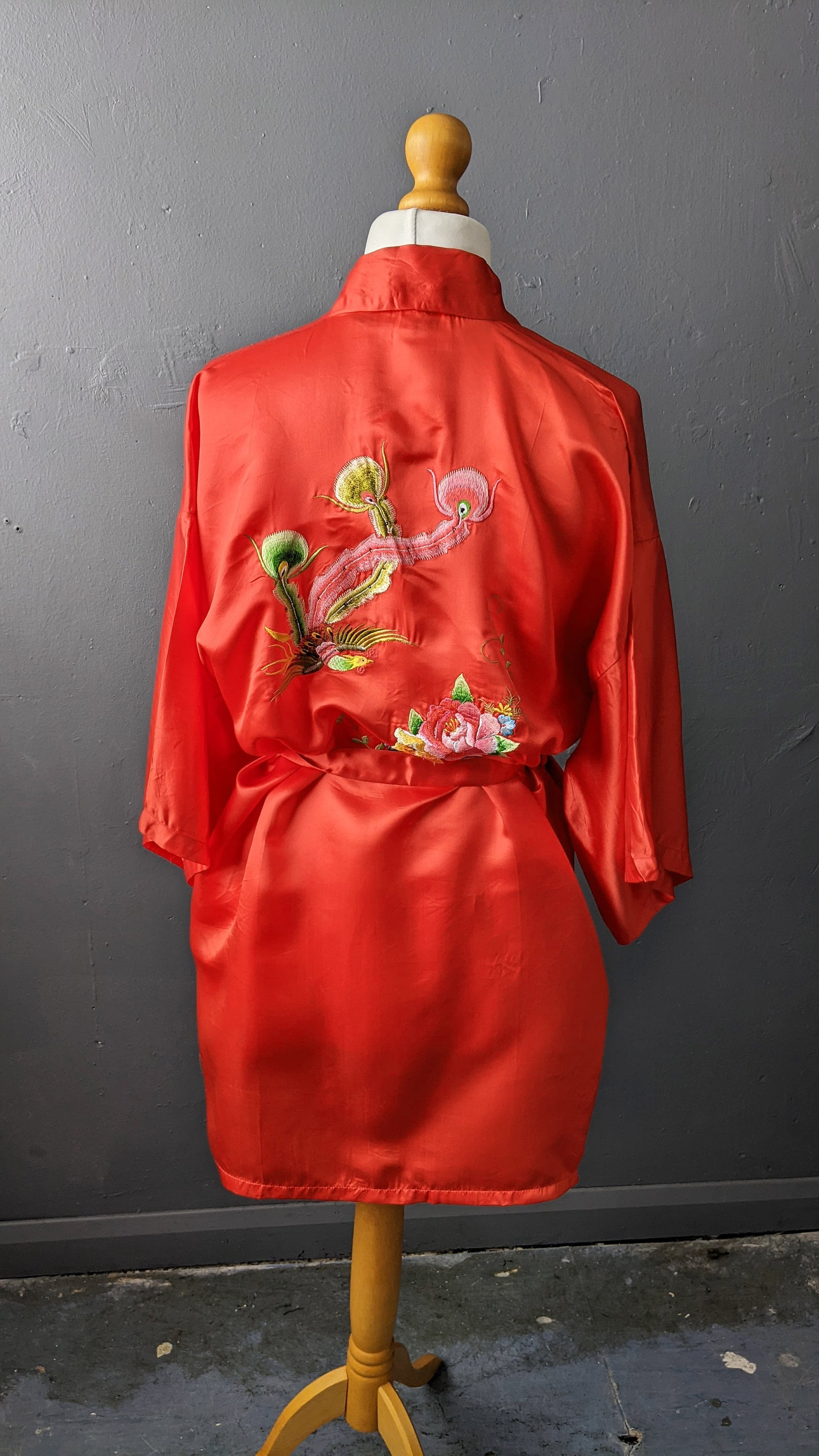 Red Chinese Silk Dressing Gown, Phoenix Embroidered Satin Robe, Size Medium Large