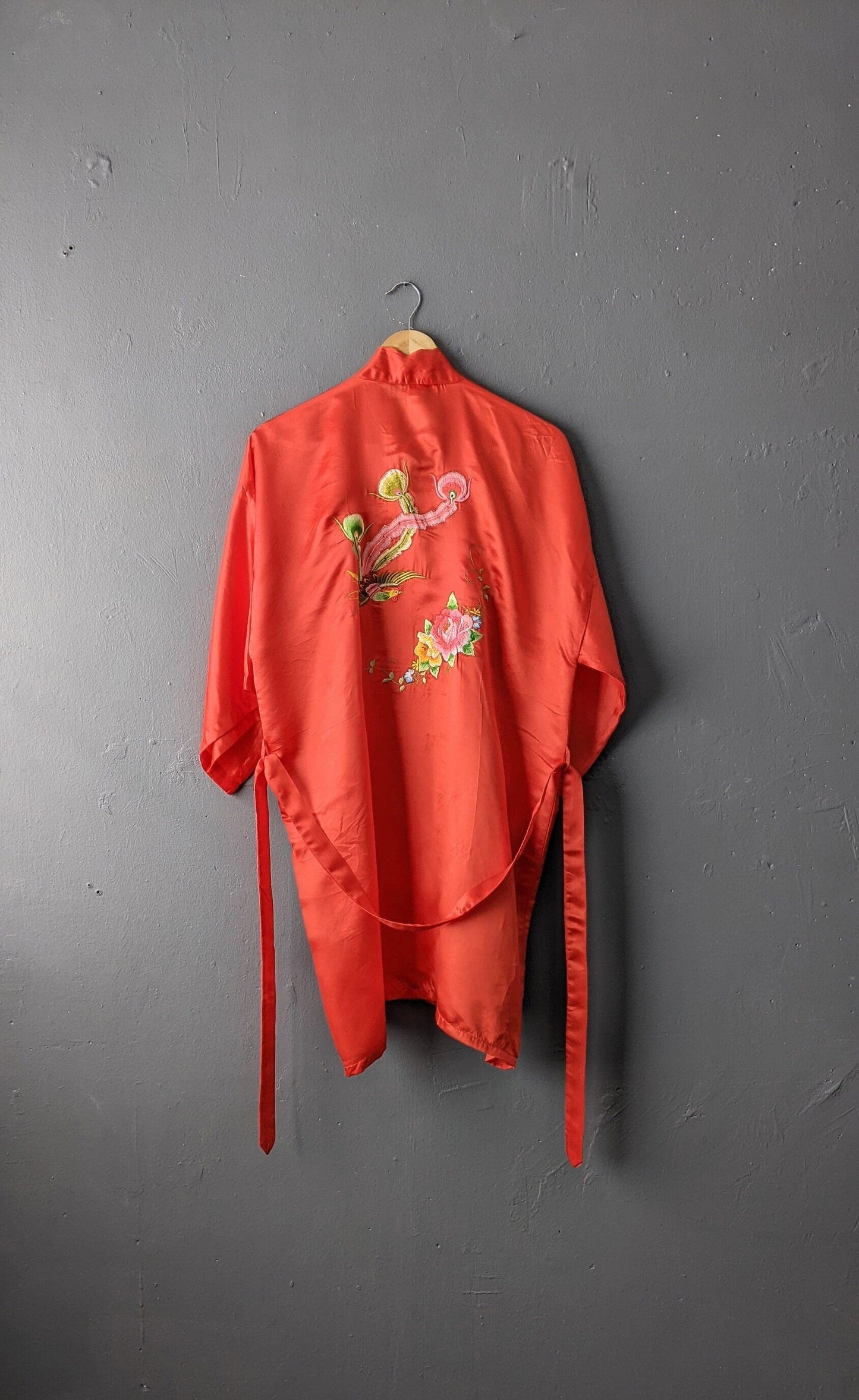 Red Chinese Silk Dressing Gown, Phoenix Embroidered Satin Robe, Size Medium Large
