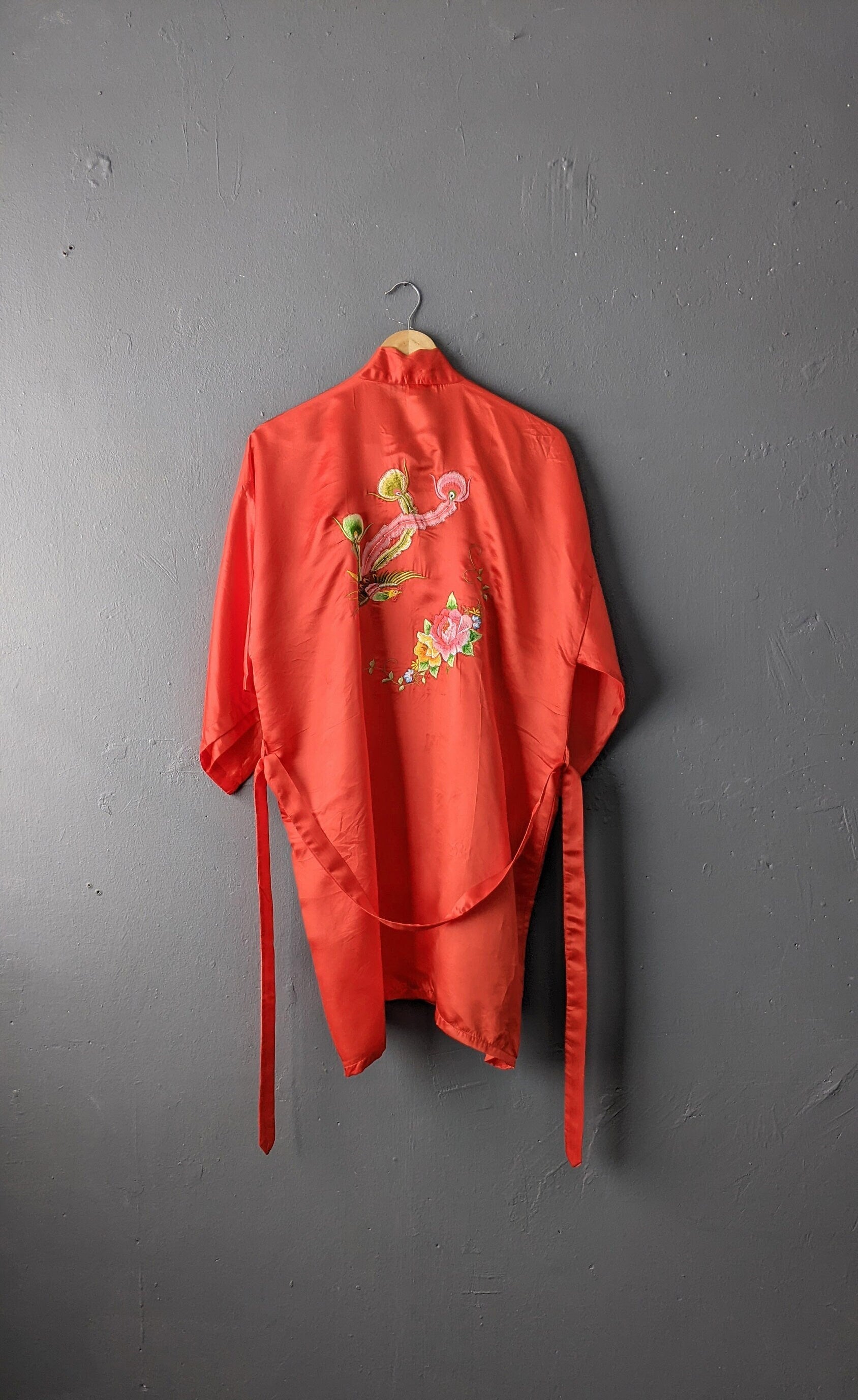 Red Chinese Silk Dressing Gown, Phoenix Embroidered Satin Robe, Size Medium Large