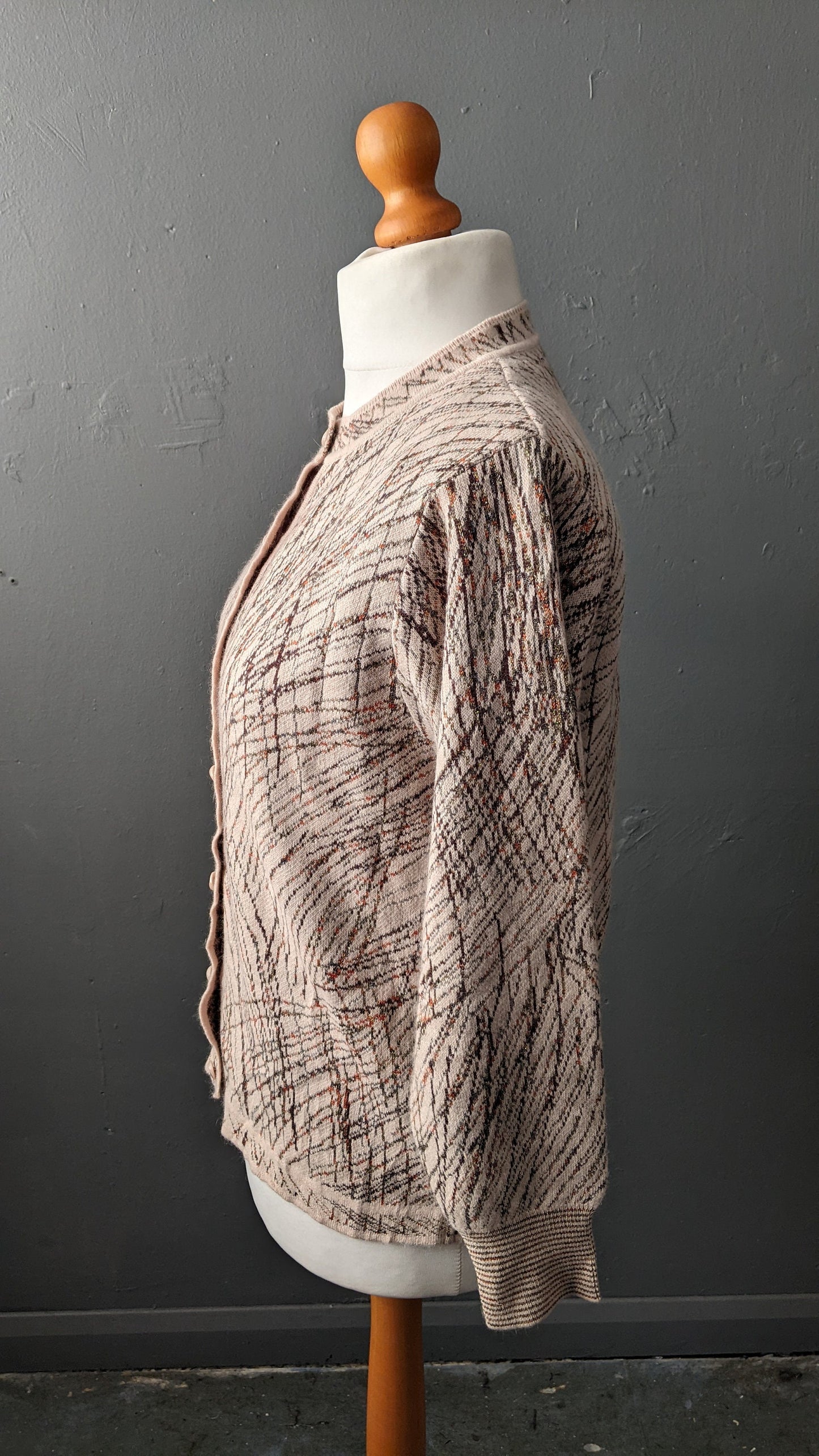 90s Wool Blend Knit Cardigan, Coatigan with Metallic Gold Scribbles, Size Large