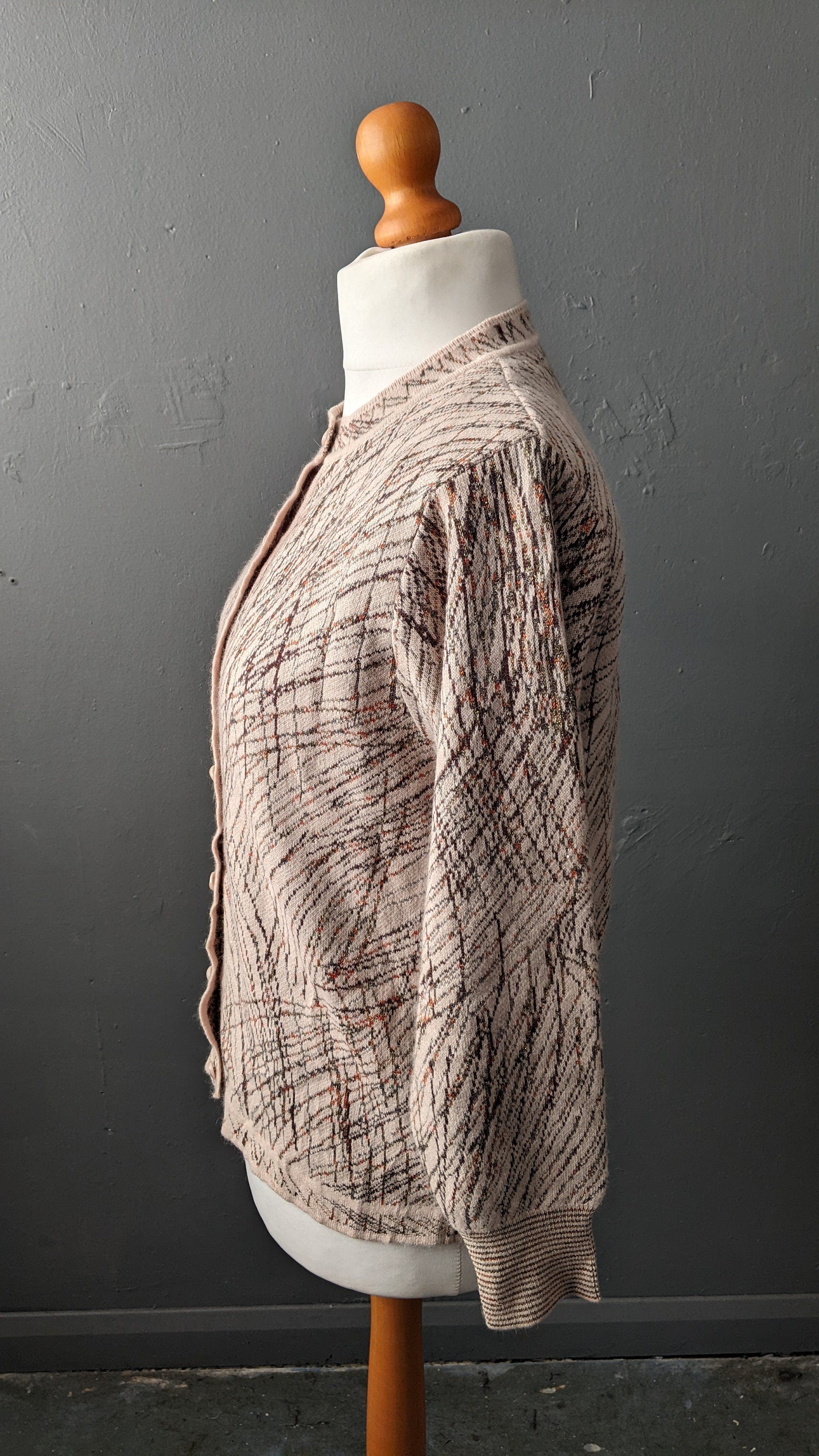90s Wool Blend Knit Cardigan, Coatigan with Metallic Gold Scribbles, Size Large