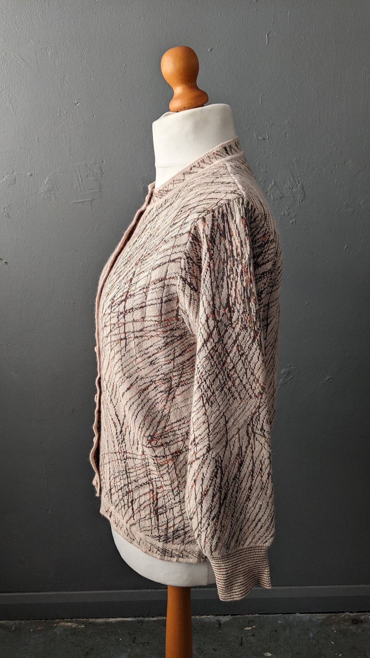 90s Wool Blend Knit Cardigan, Coatigan with Metallic Gold Scribbles, Size Large