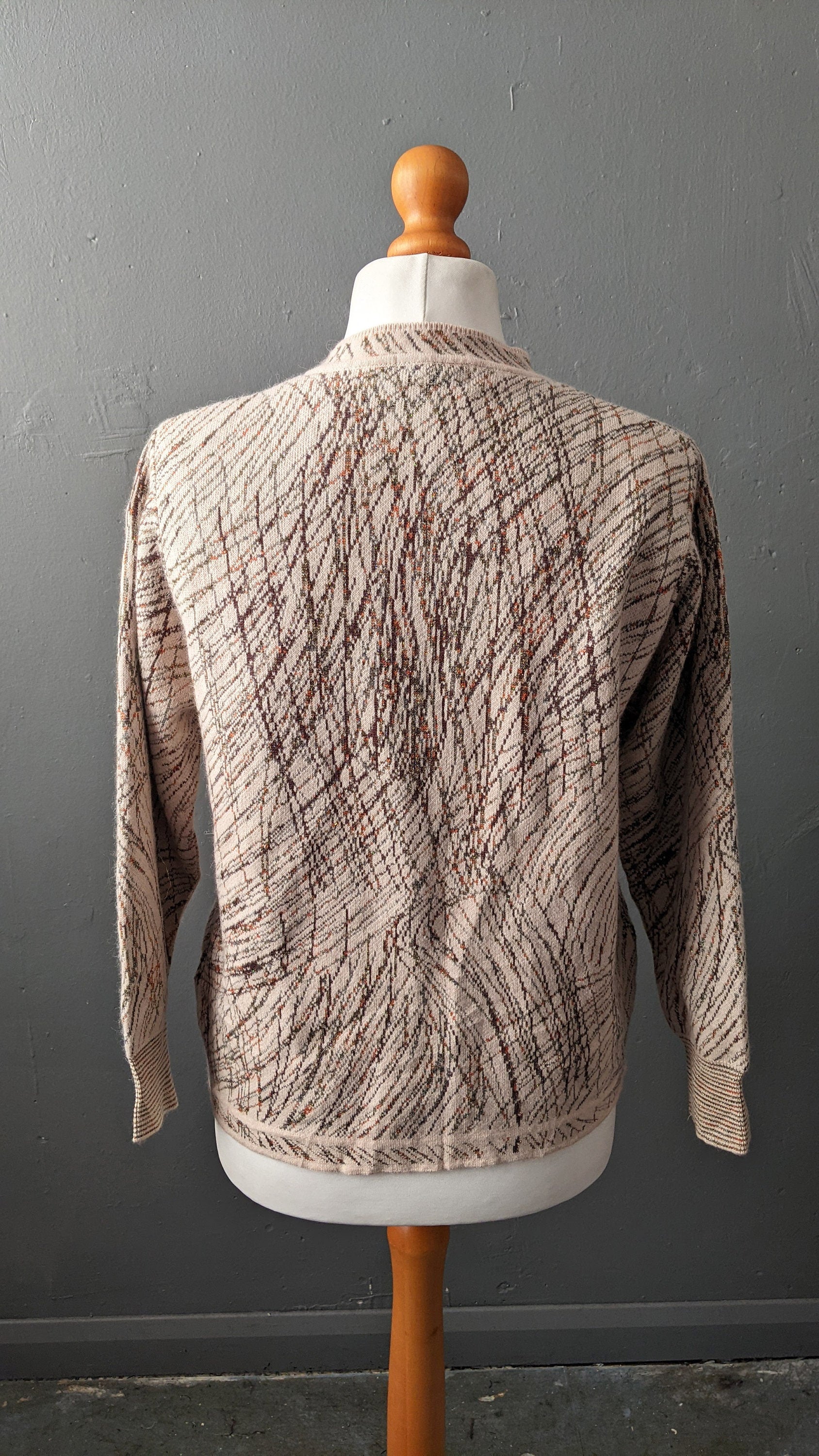 90s Wool Blend Knit Cardigan, Coatigan with Metallic Gold Scribbles, Size Large