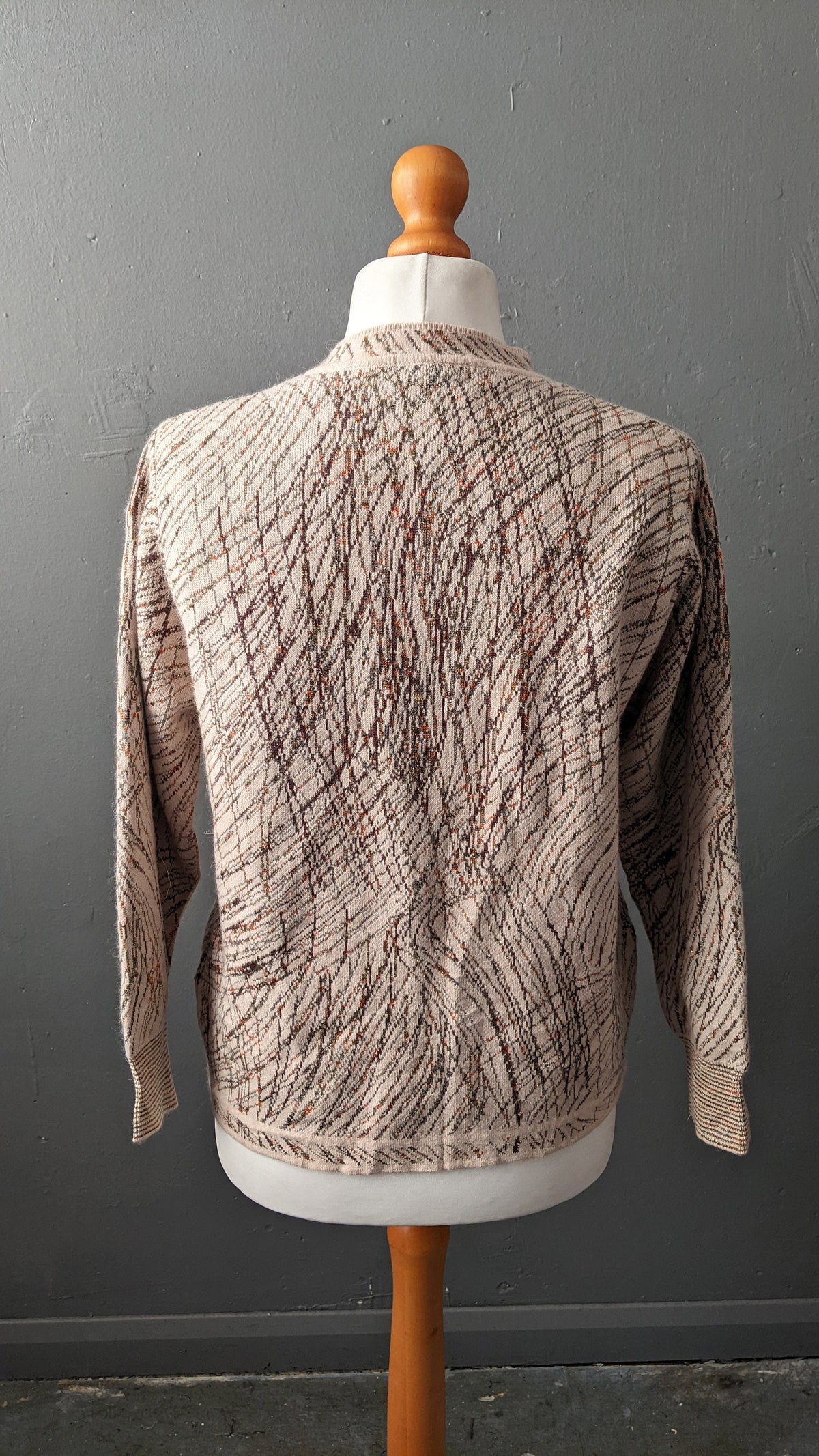 90s Wool Blend Knit Cardigan, Coatigan with Metallic Gold Scribbles, Size Large