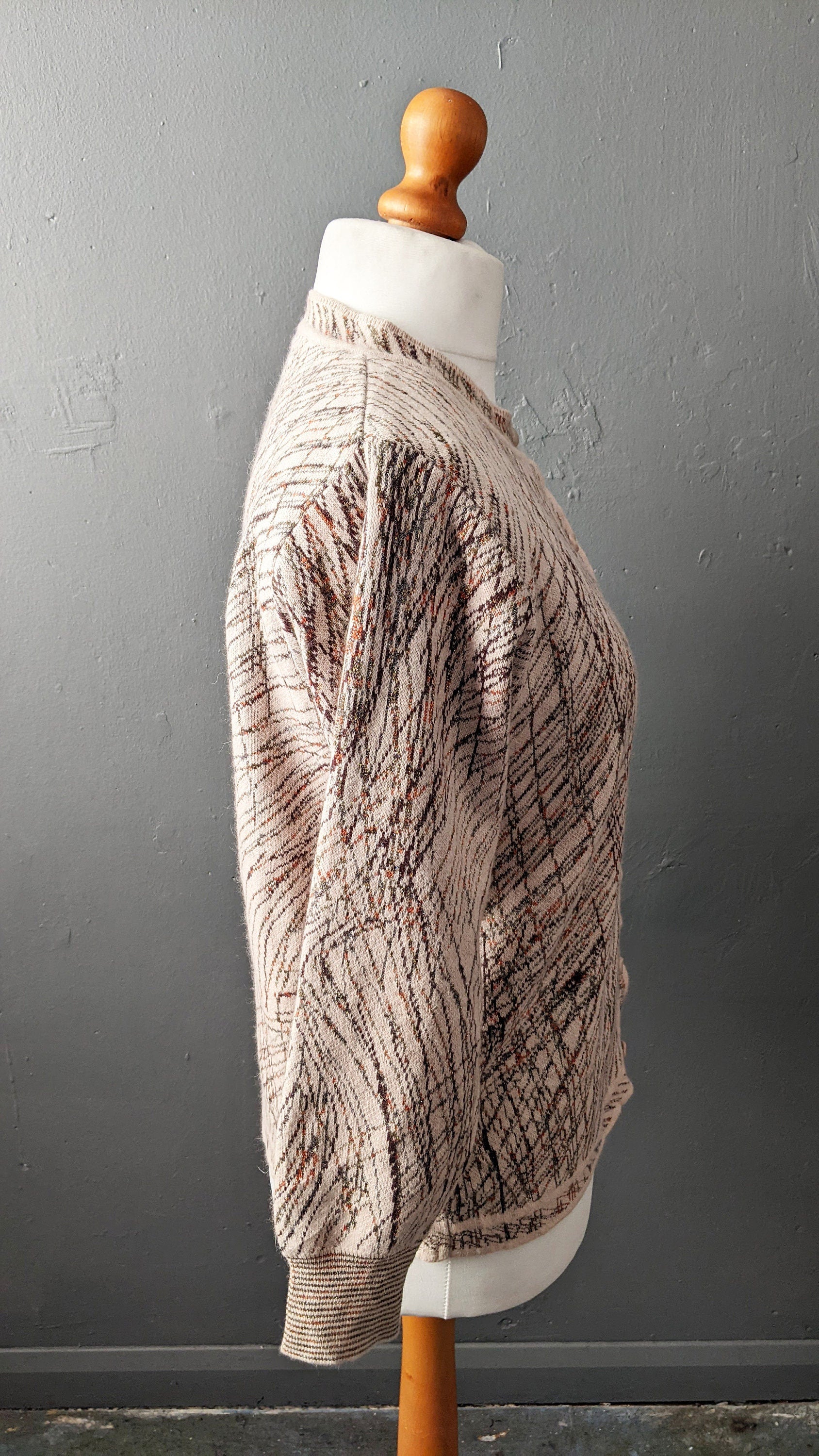 90s Wool Blend Knit Cardigan, Coatigan with Metallic Gold Scribbles, Size Large