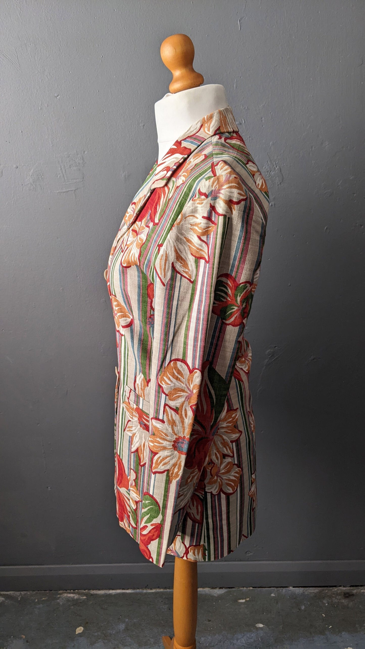 90s Cotton Linen Jacket with Tropical Flowers, Summer Fitted Blazer by Ouiset, Size Small