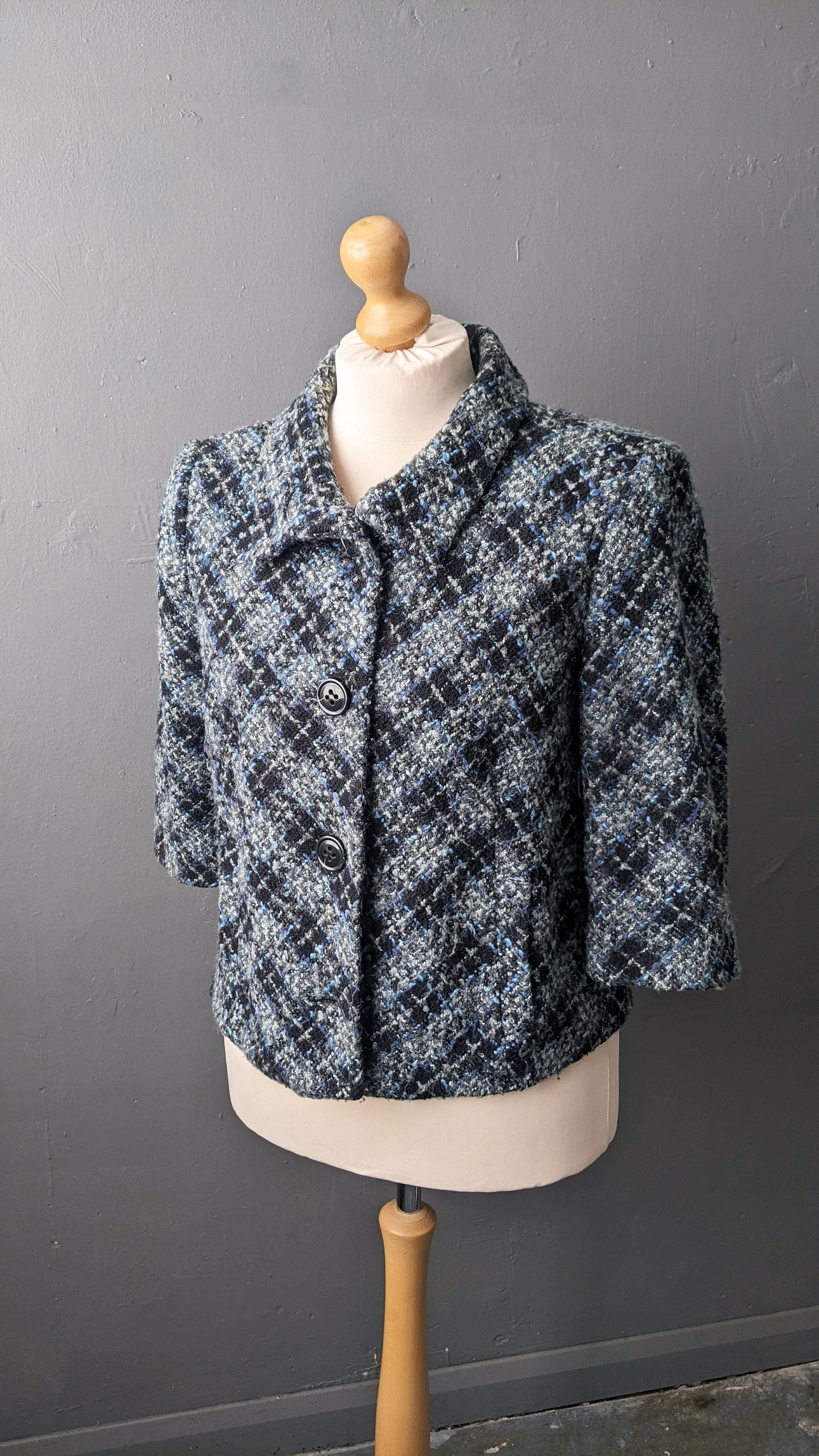 Y2K Check Boucle Wool Jacket, Short Bracelet Sleeve Coat, XL Plus Size