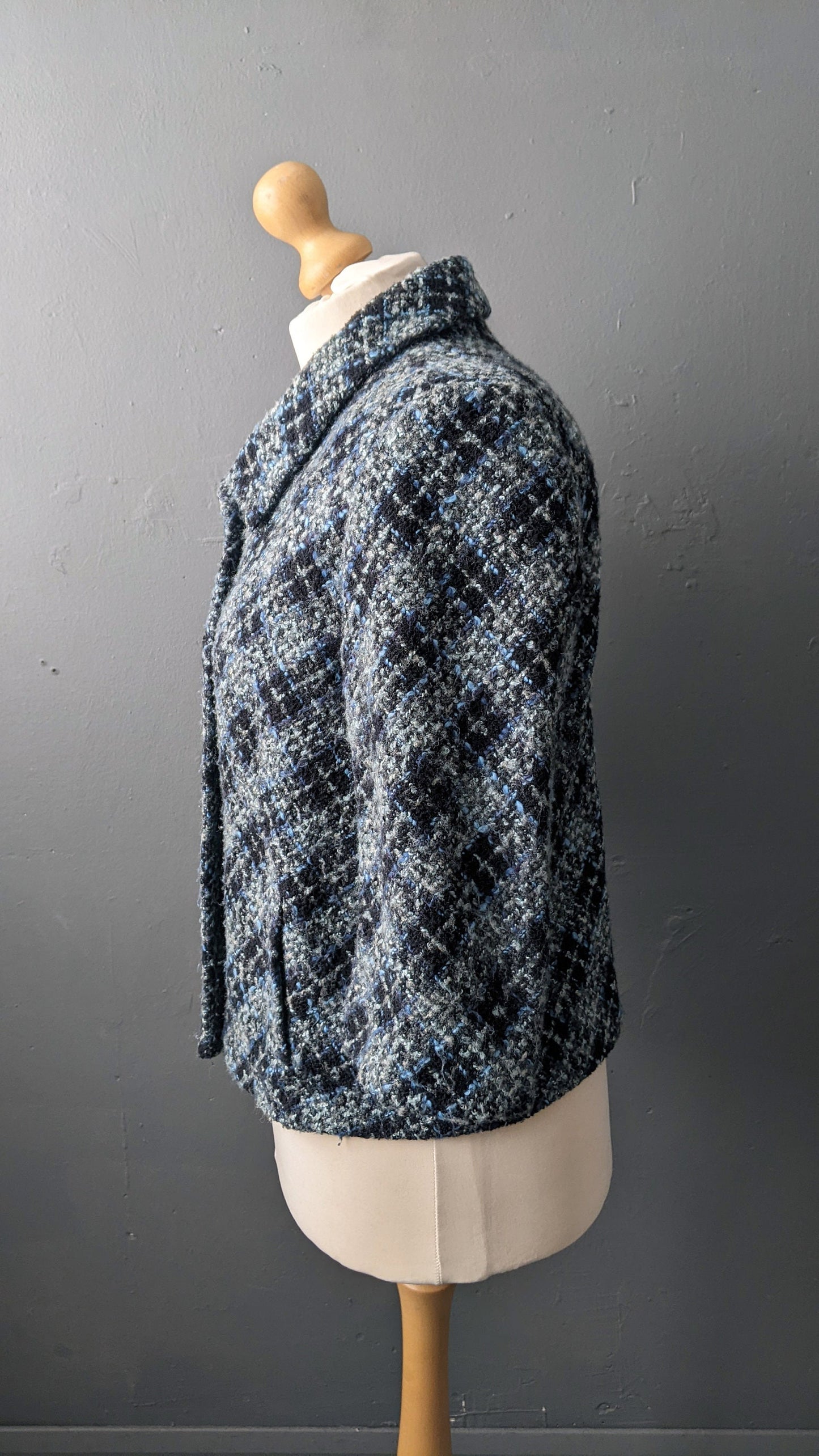 Y2K Check Boucle Wool Jacket, Short Bracelet Sleeve Coat, XL Plus Size