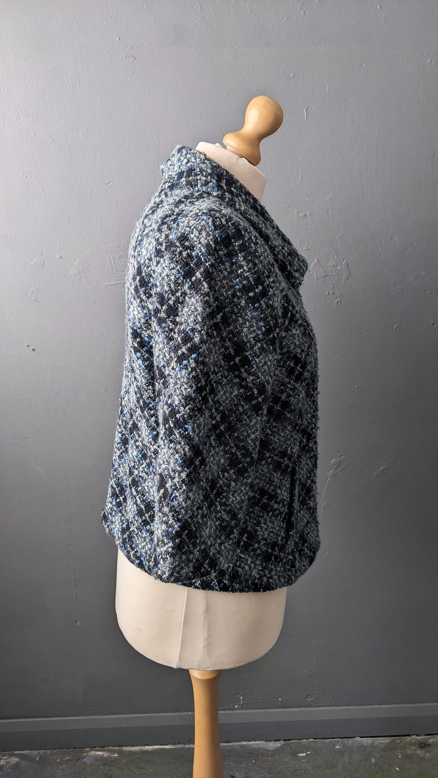 Y2K Check Boucle Wool Jacket, Short Bracelet Sleeve Coat, XL Plus Size