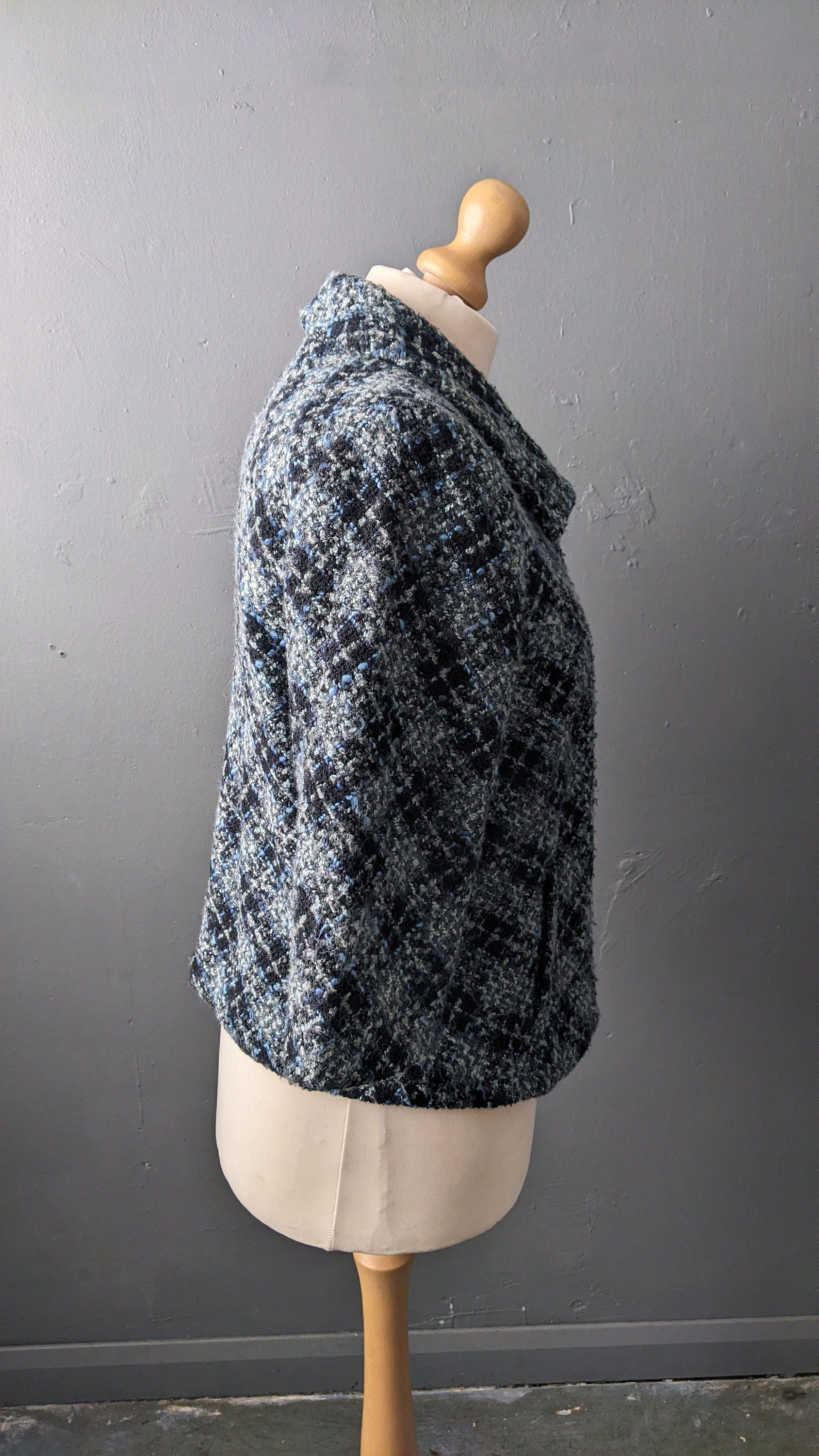 Y2K Check Boucle Wool Jacket, Short Bracelet Sleeve Coat, XL Plus Size