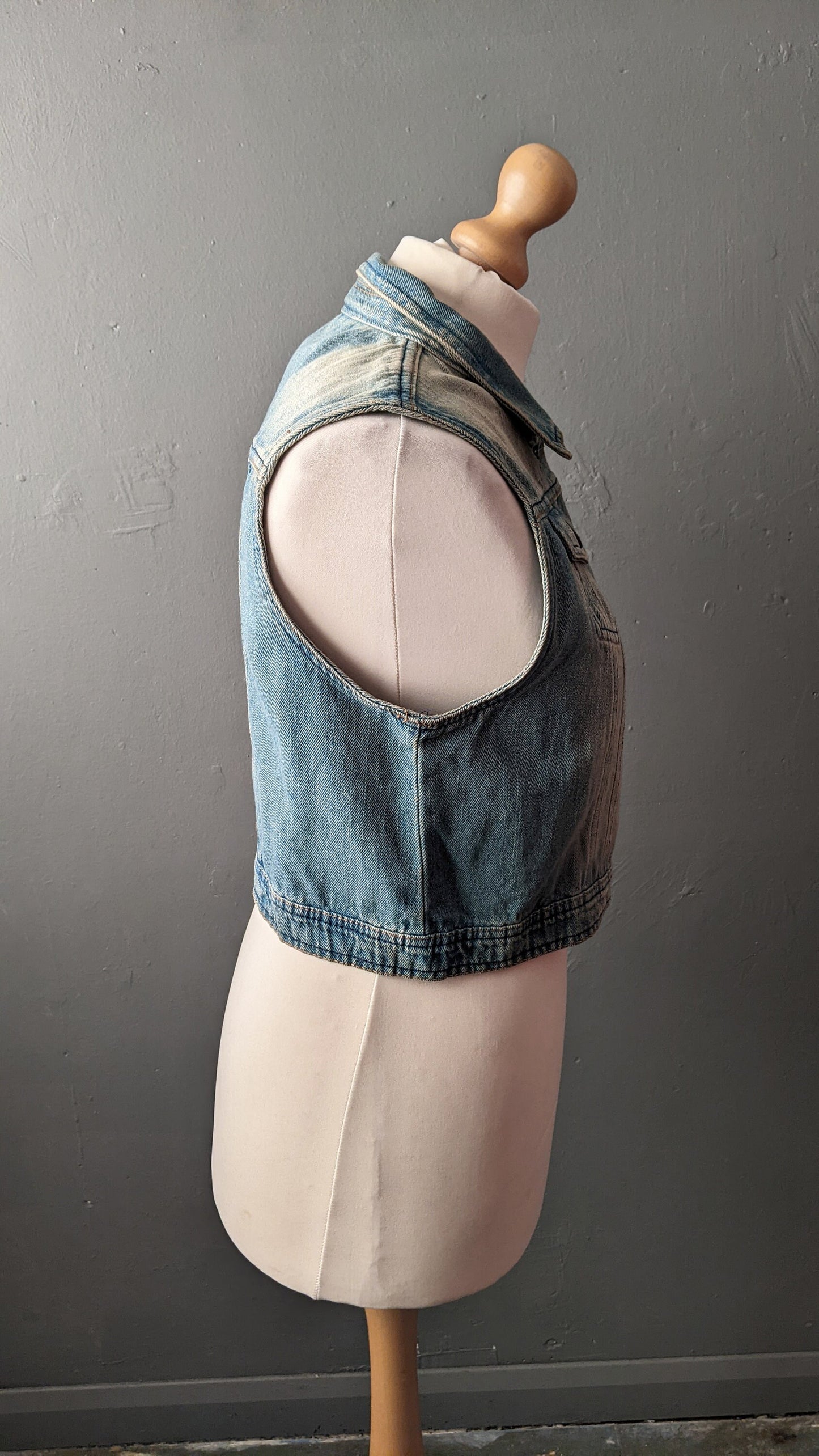 Faded Wash Denim Vest, Vintage 90s Sleeveless Jean Jacket, Size Large