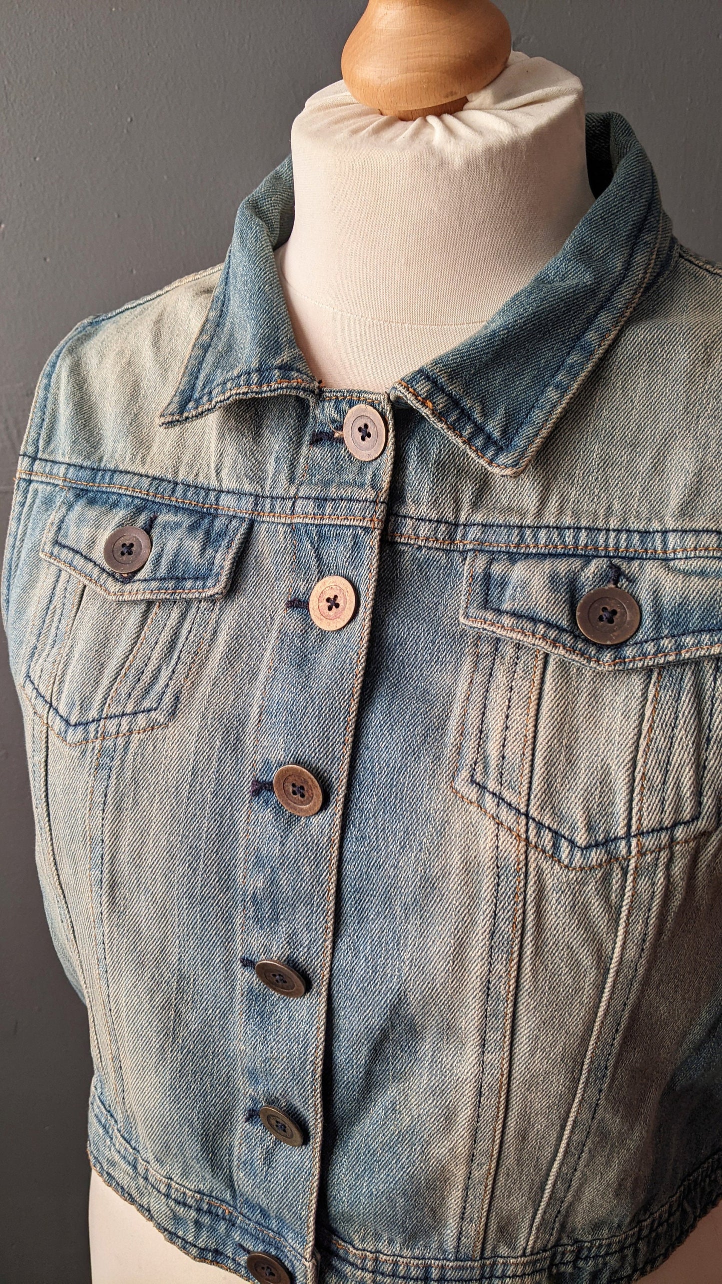Faded Wash Denim Vest, Vintage 90s Sleeveless Jean Jacket, Size Large