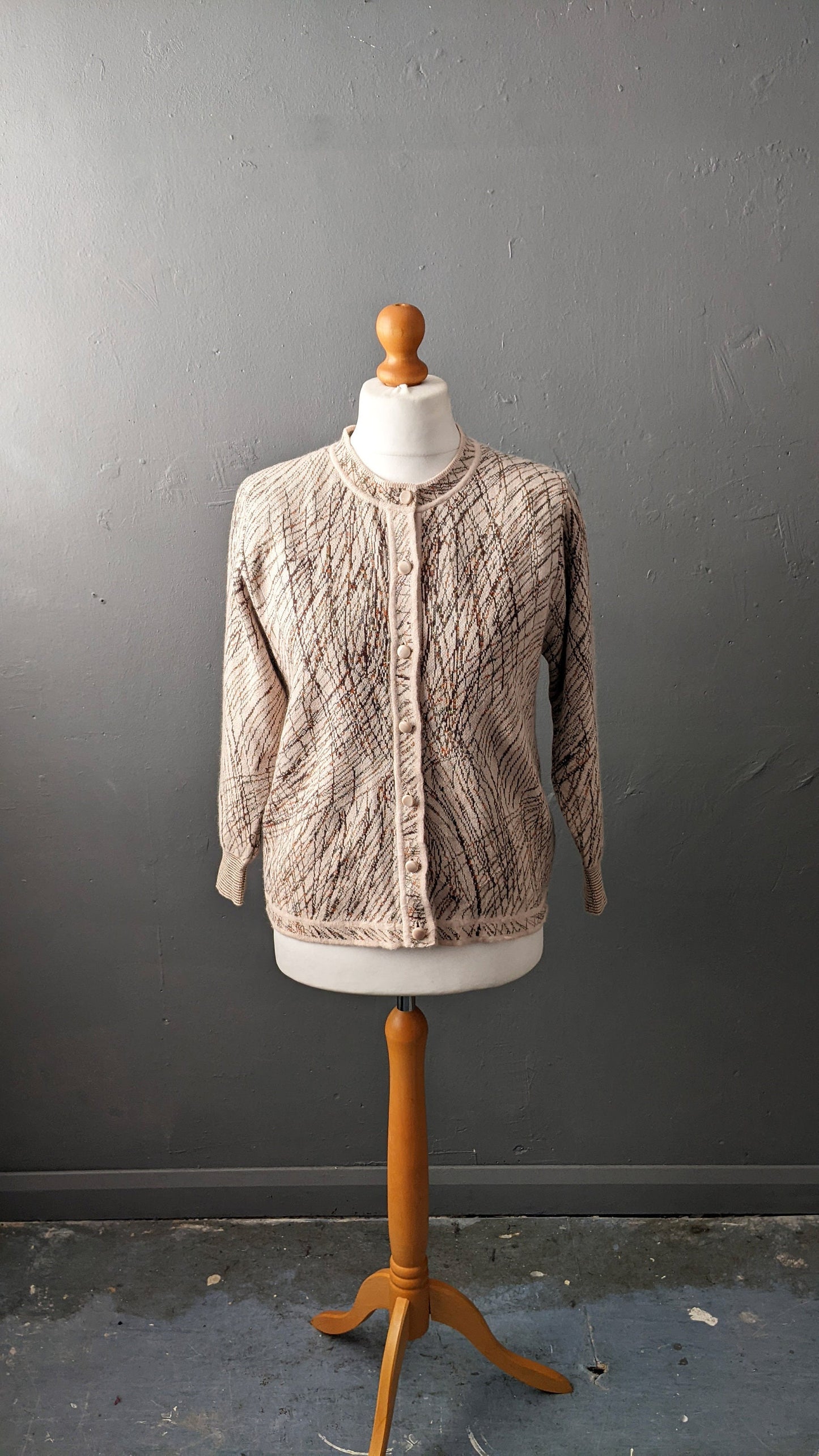 90s Wool Blend Knit Cardigan, Coatigan with Metallic Gold Scribbles, Size Large