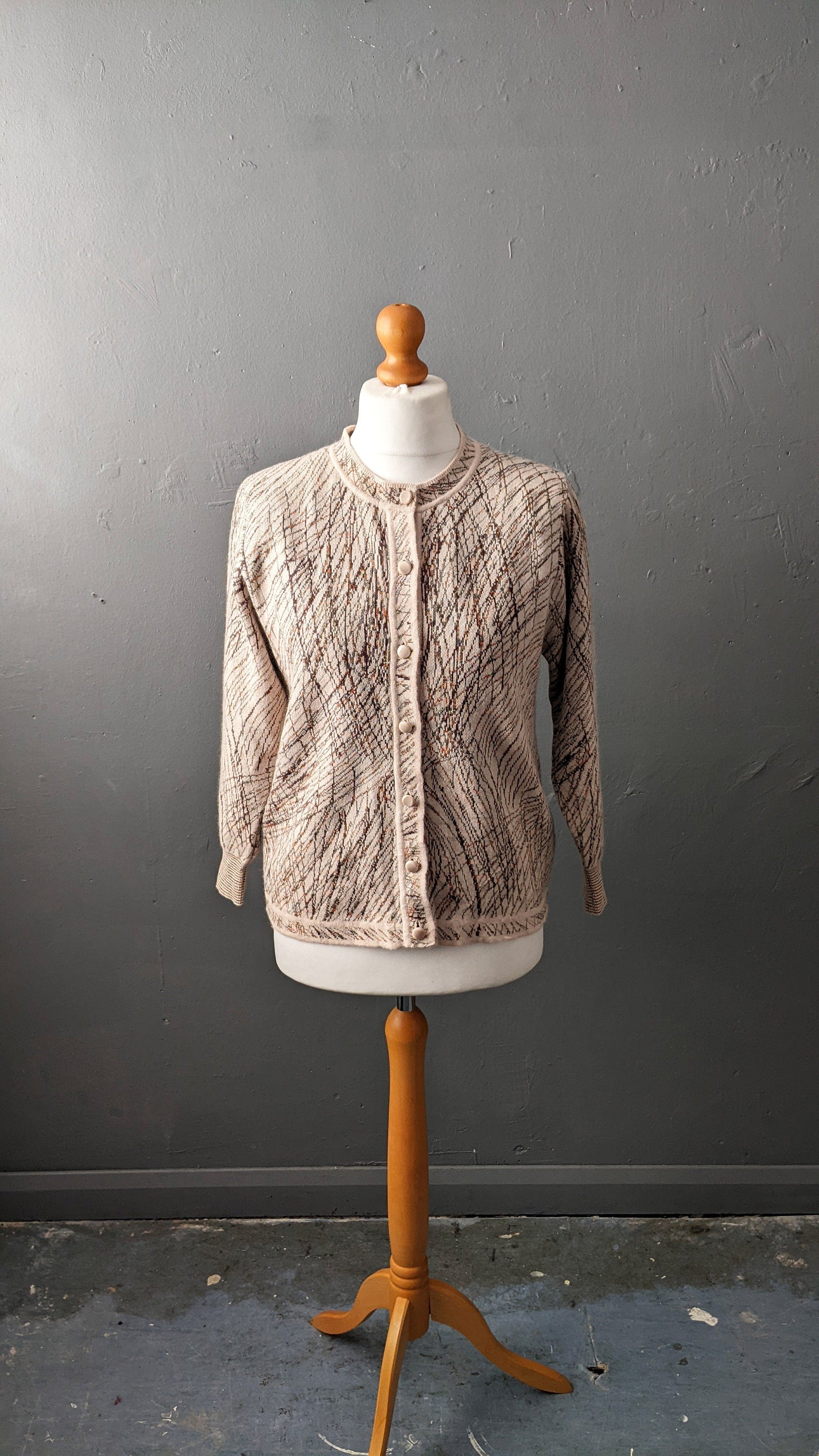 90s Wool Blend Knit Cardigan, Coatigan with Metallic Gold Scribbles, Size Large