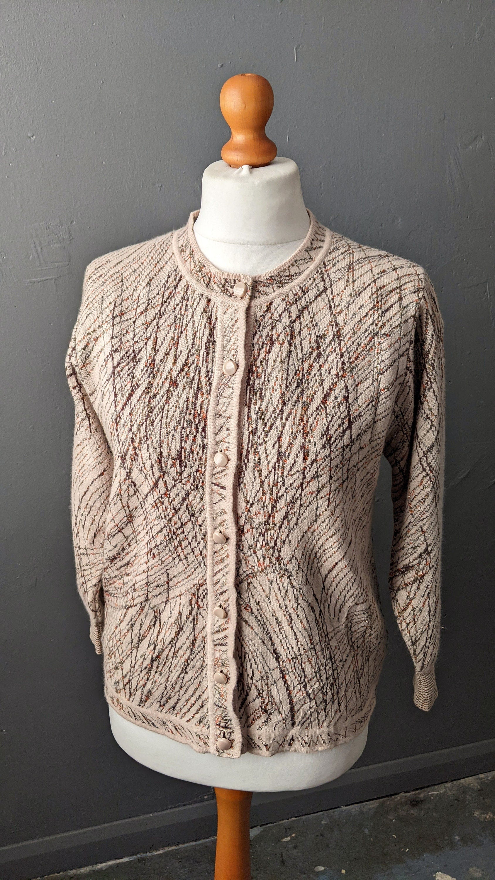 90s Wool Blend Knit Cardigan, Coatigan with Metallic Gold Scribbles, Size Large