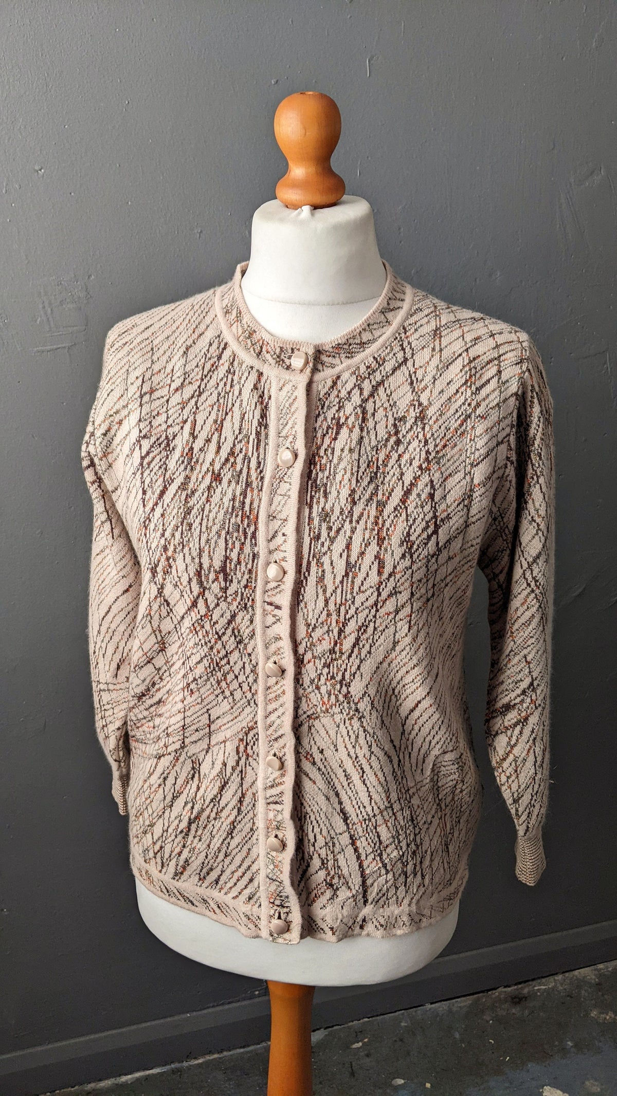 90s Wool Blend Knit Cardigan, Coatigan with Metallic Gold Scribbles, Size Large