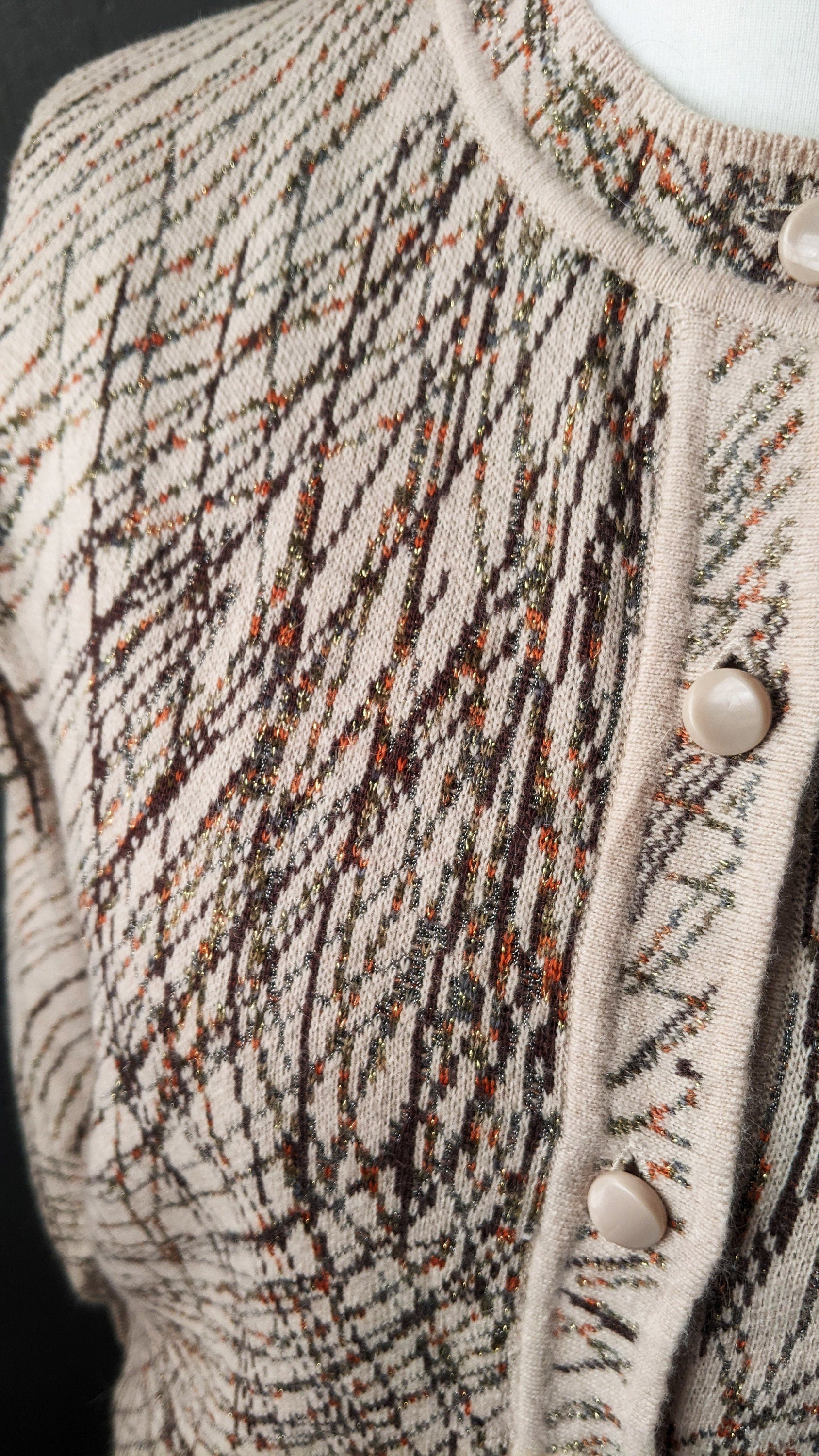 90s Wool Blend Knit Cardigan, Coatigan with Metallic Gold Scribbles, Size Large