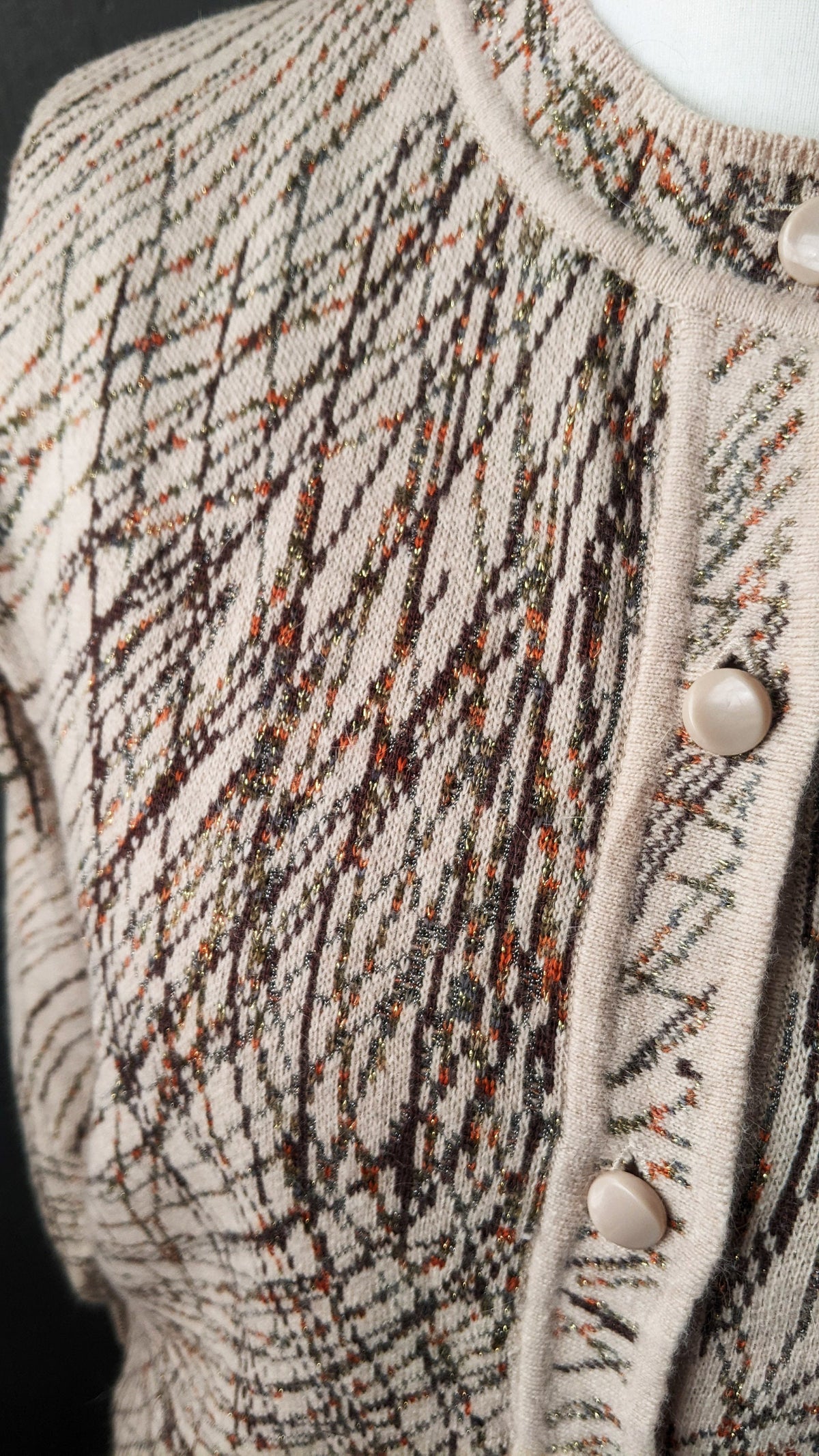 90s Wool Blend Knit Cardigan, Coatigan with Metallic Gold Scribbles, Size Large