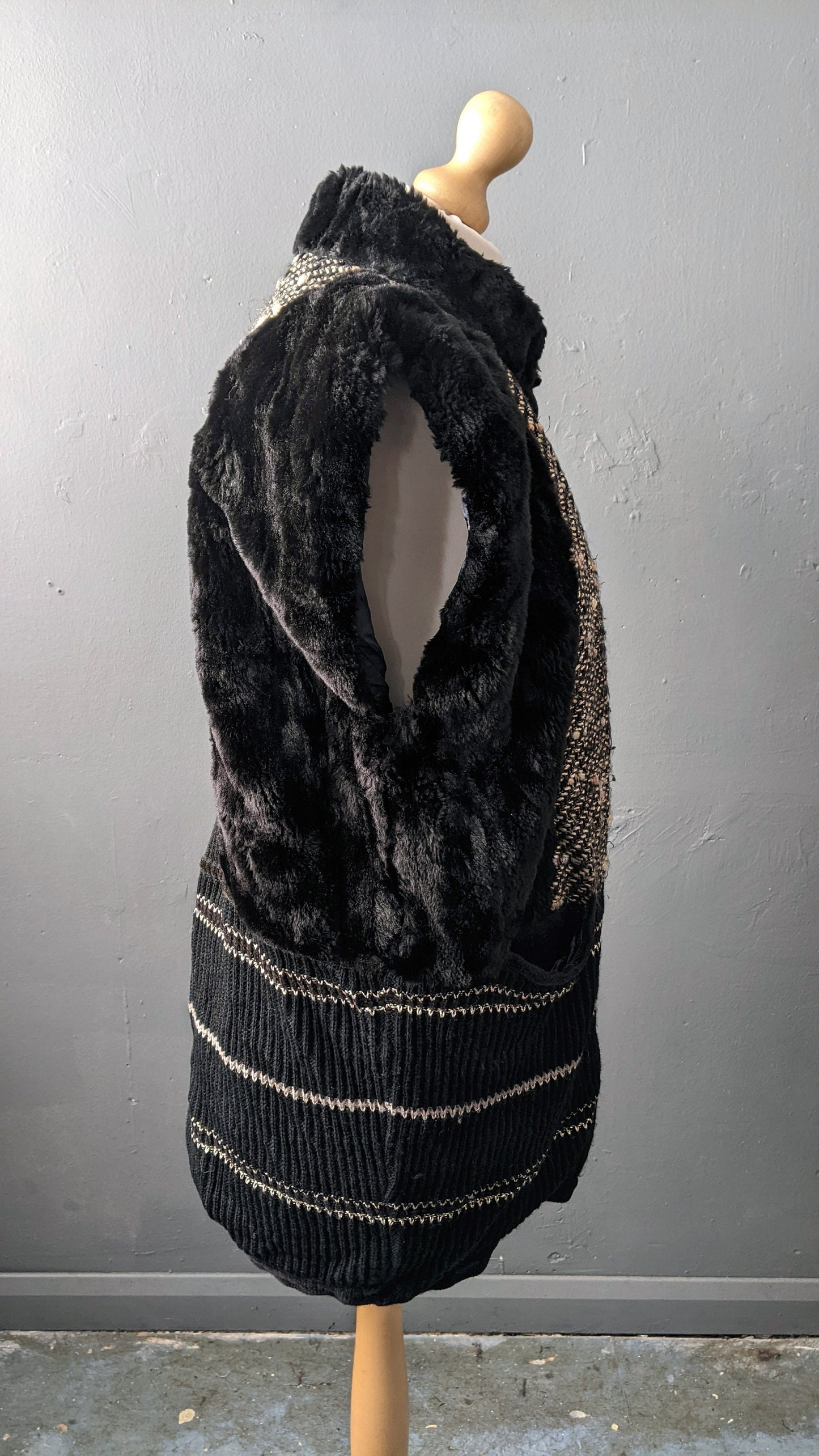 90s Faux Fur Cardigan Vest, Oversized Knit Gilet, Size Large