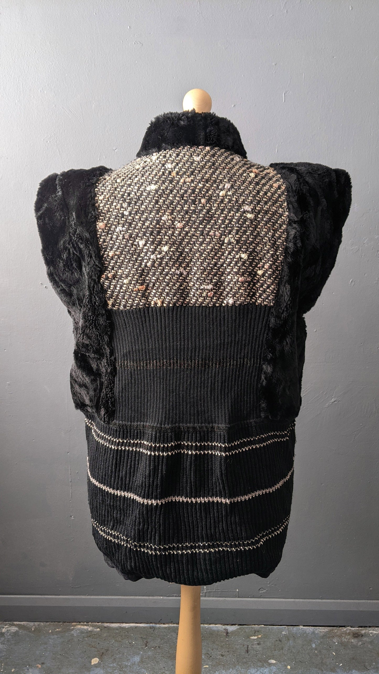 90s Faux Fur Cardigan Vest, Oversized Knit Gilet, Size Large