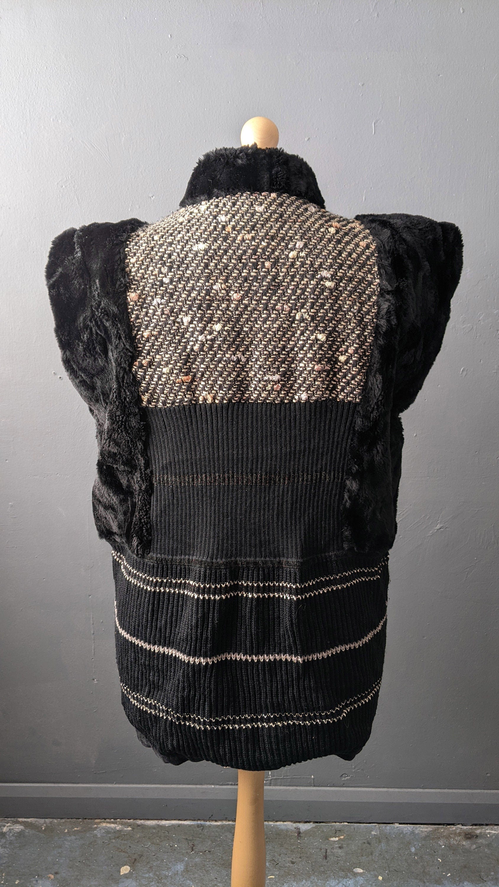 90s Faux Fur Cardigan Vest, Oversized Knit Gilet, Size Large