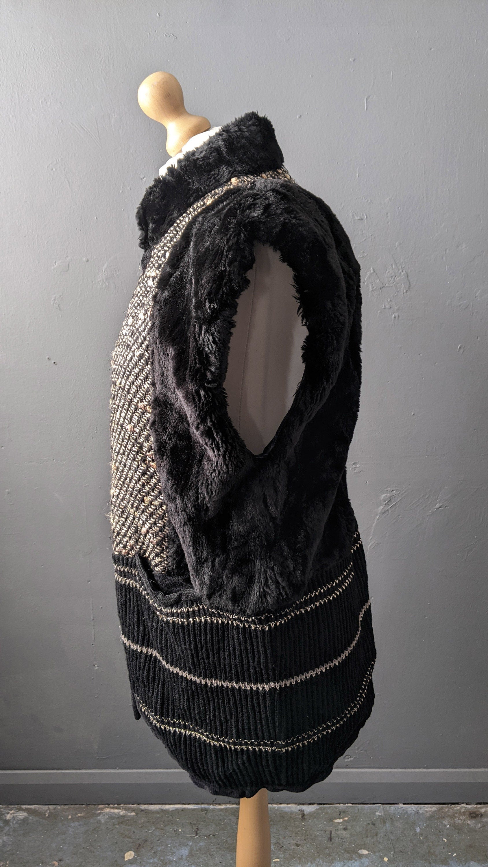 90s Faux Fur Cardigan Vest, Oversized Knit Gilet, Size Large
