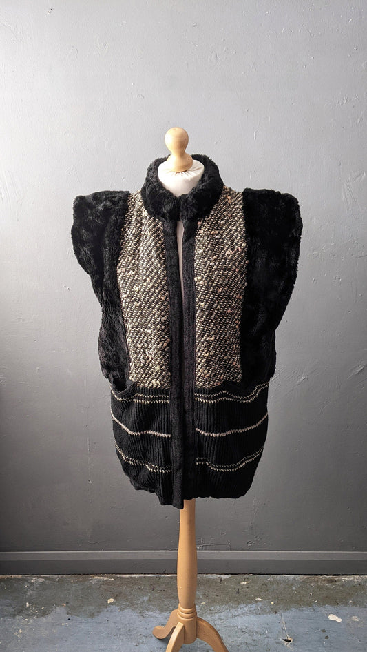 90s Faux Fur Cardigan Vest, Oversized Knit Gilet, Size Large