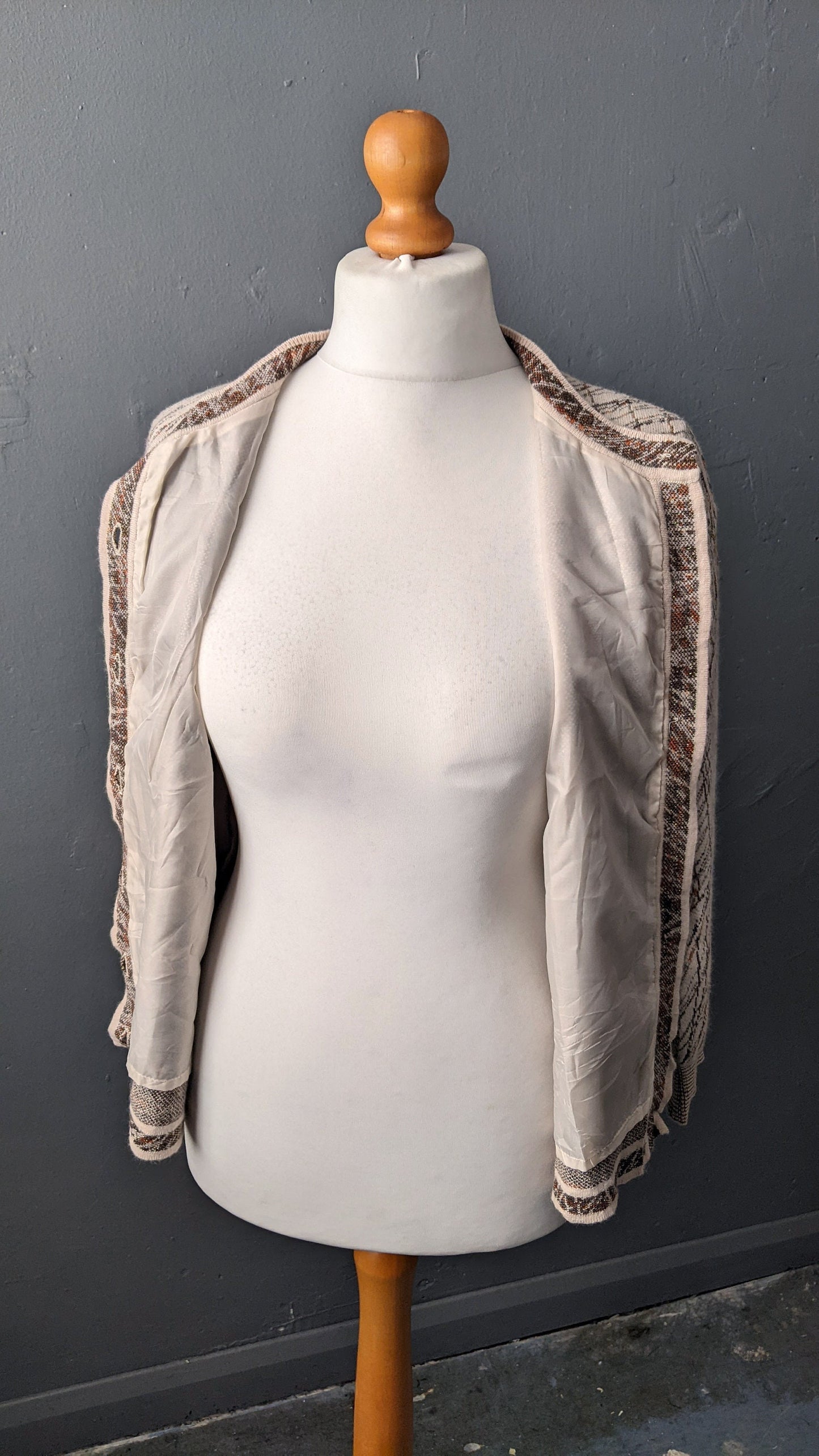 90s Wool Blend Knit Cardigan, Coatigan with Metallic Gold Scribbles, Size Large