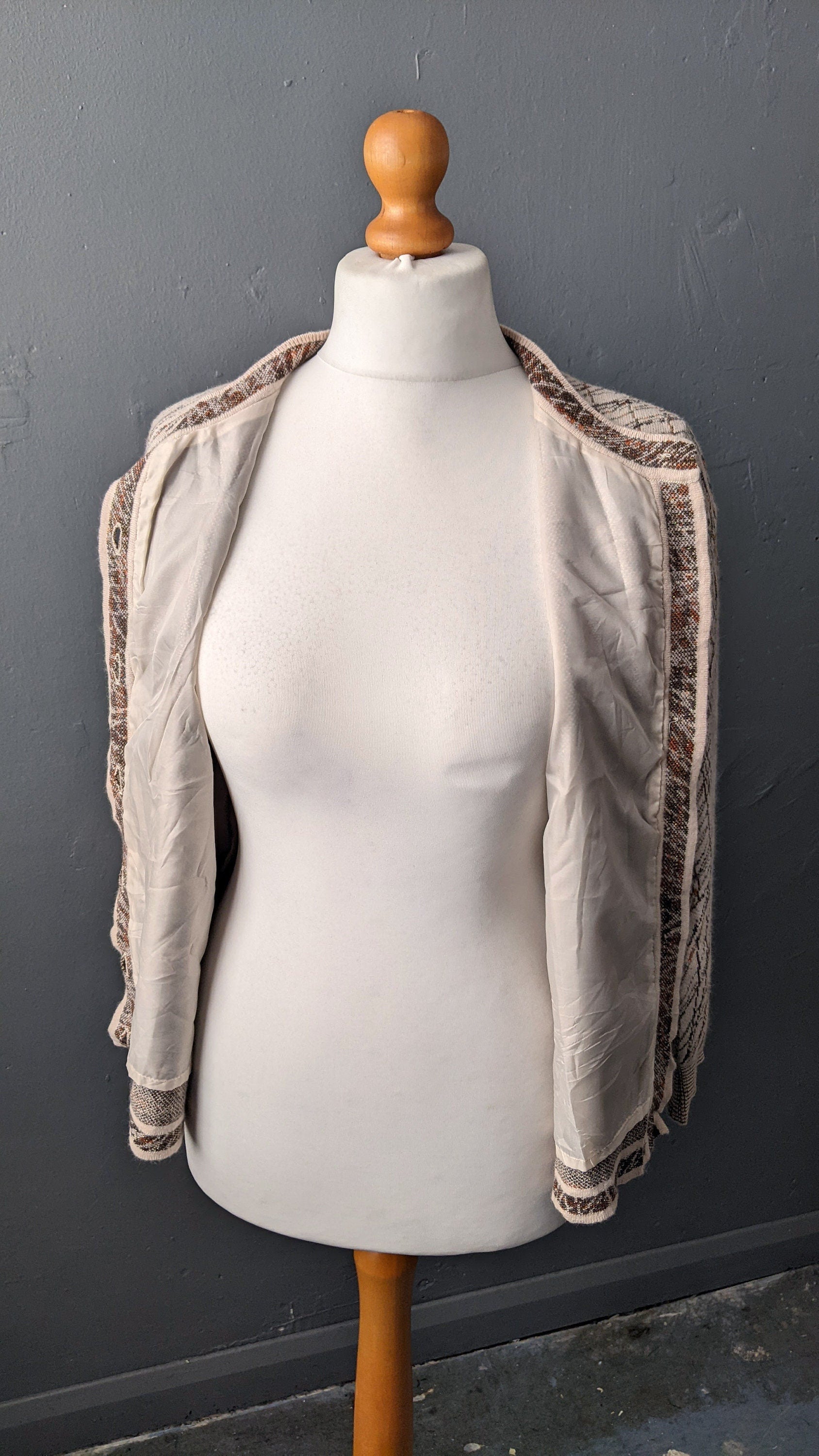 90s Wool Blend Knit Cardigan, Coatigan with Metallic Gold Scribbles, Size Large