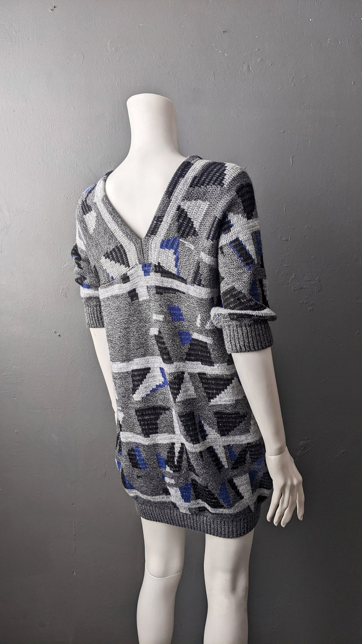 Retro Geometric Sweater Dress, Abstract Triangles Wool Jumper, Small to Medium