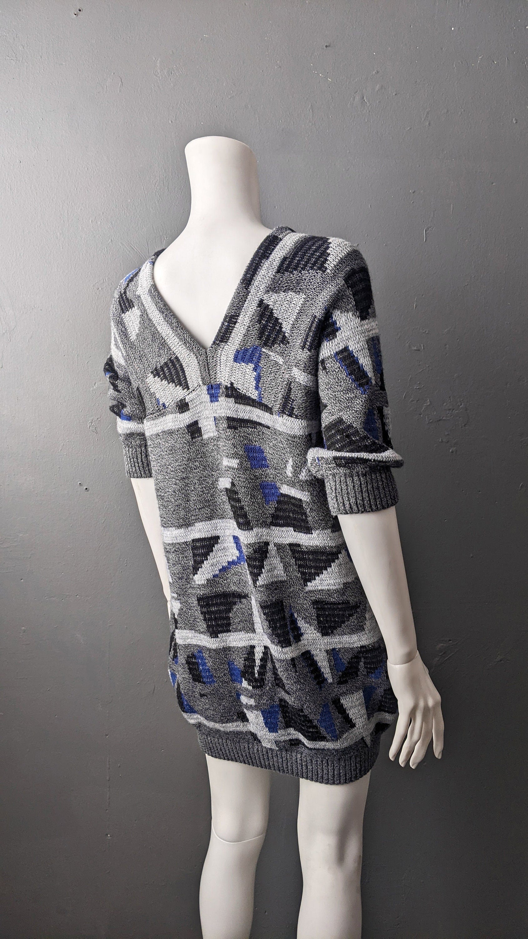 Retro Geometric Sweater Dress, Abstract Triangles Wool Jumper, Small to Medium