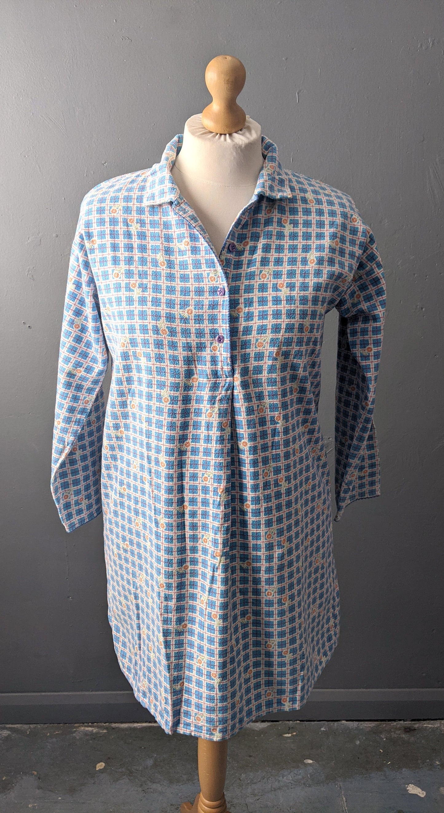 Cotton Flannel Night Shirt, Vintage Bed Shirt, Size Medium