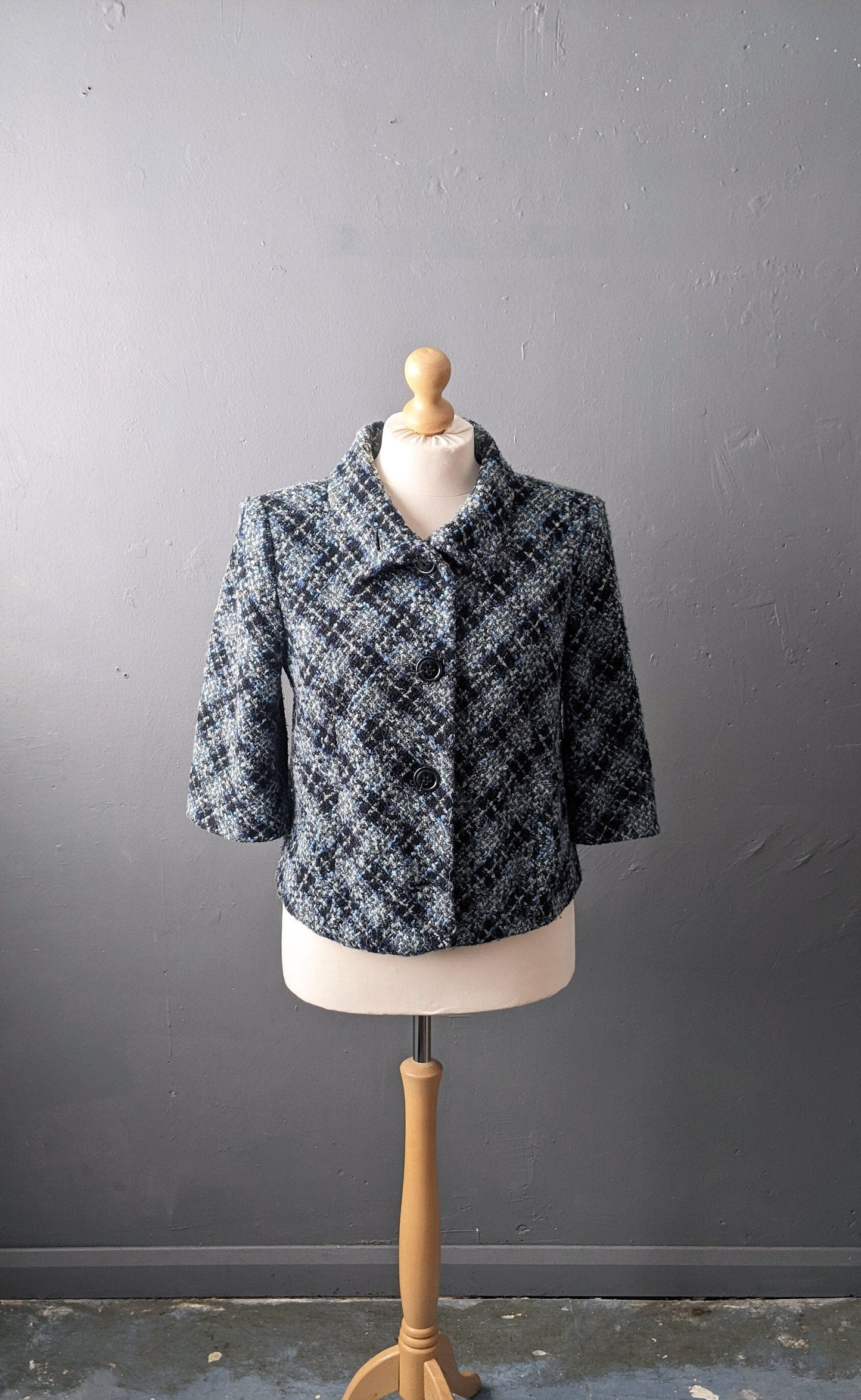 Y2K Check Boucle Wool Jacket, Short Bracelet Sleeve Coat, XL Plus Size