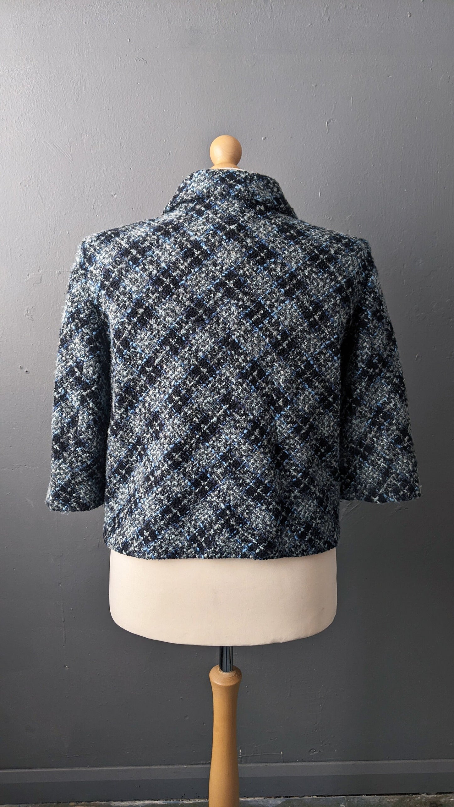 Y2K Check Boucle Wool Jacket, Short Bracelet Sleeve Coat, XL Plus Size