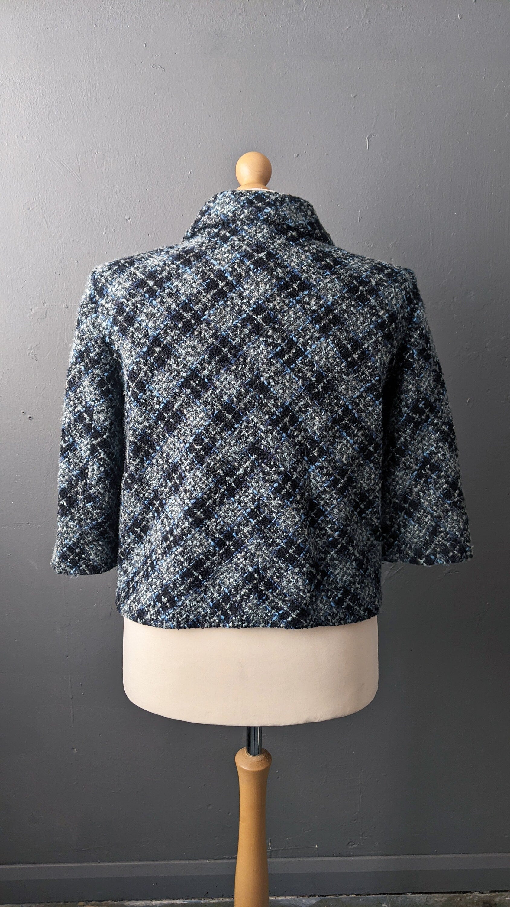 Y2K Check Boucle Wool Jacket, Short Bracelet Sleeve Coat, XL Plus Size