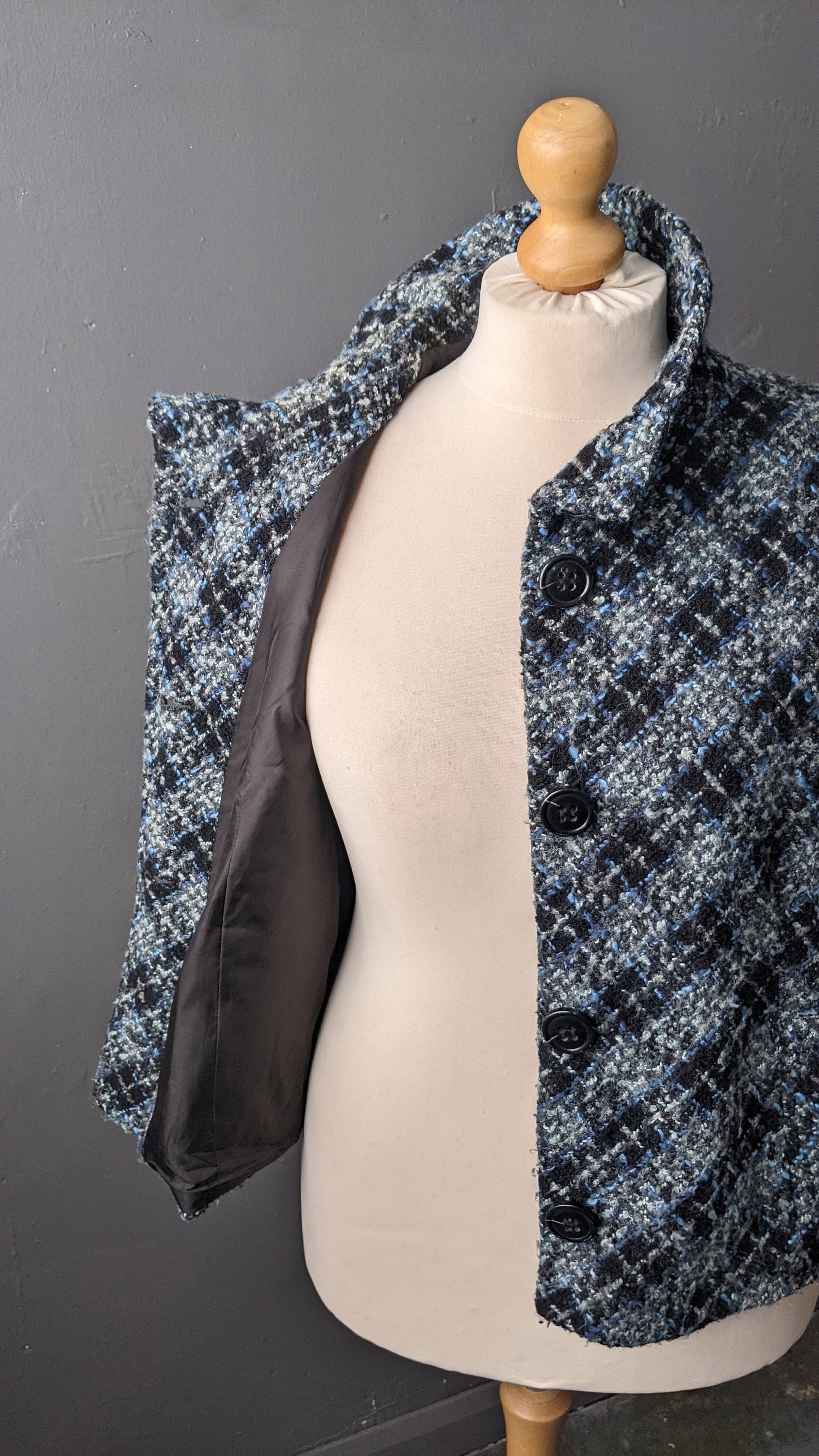 Y2K Check Boucle Wool Jacket, Short Bracelet Sleeve Coat, XL Plus Size