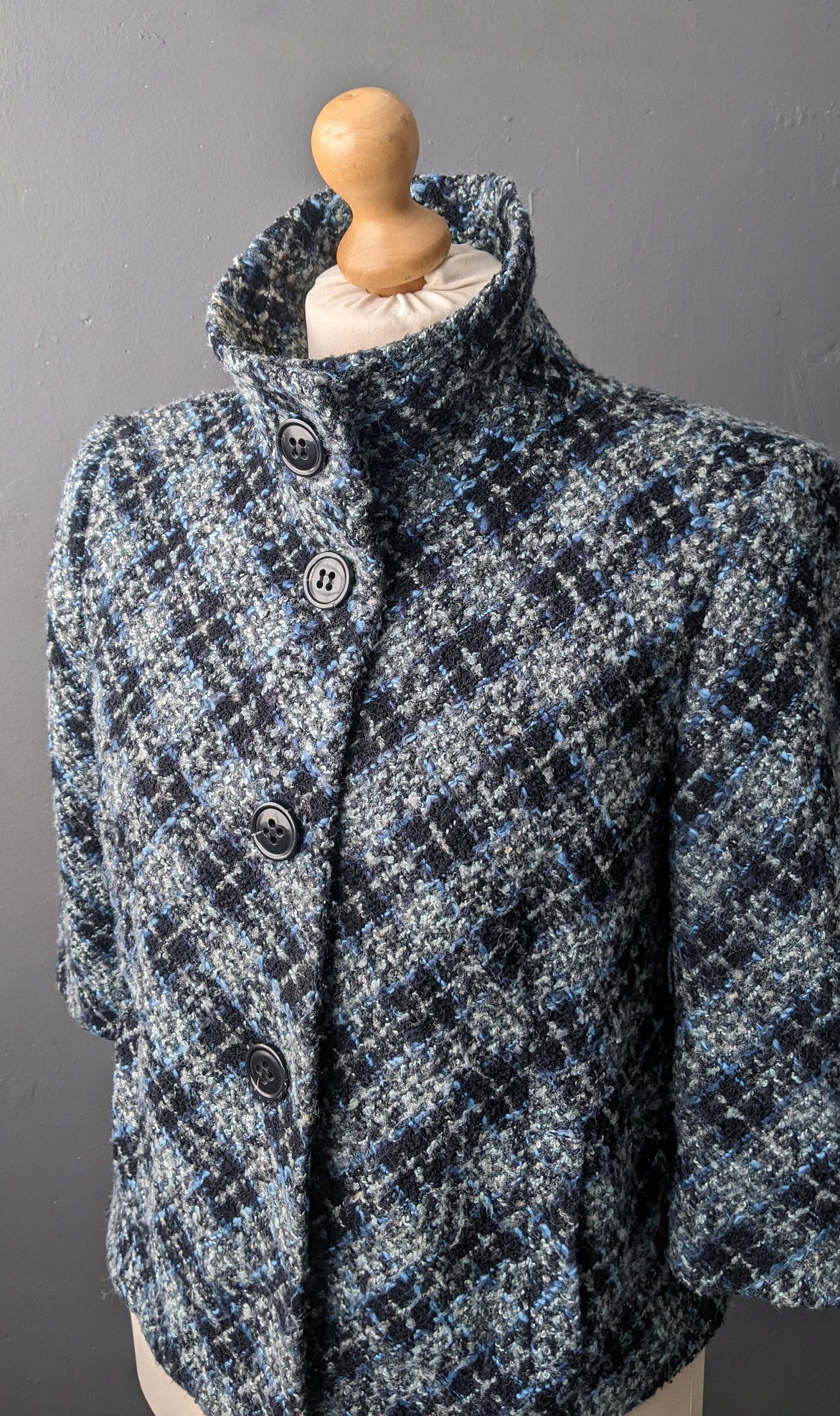 Y2K Check Boucle Wool Jacket, Short Bracelet Sleeve Coat, XL Plus Size