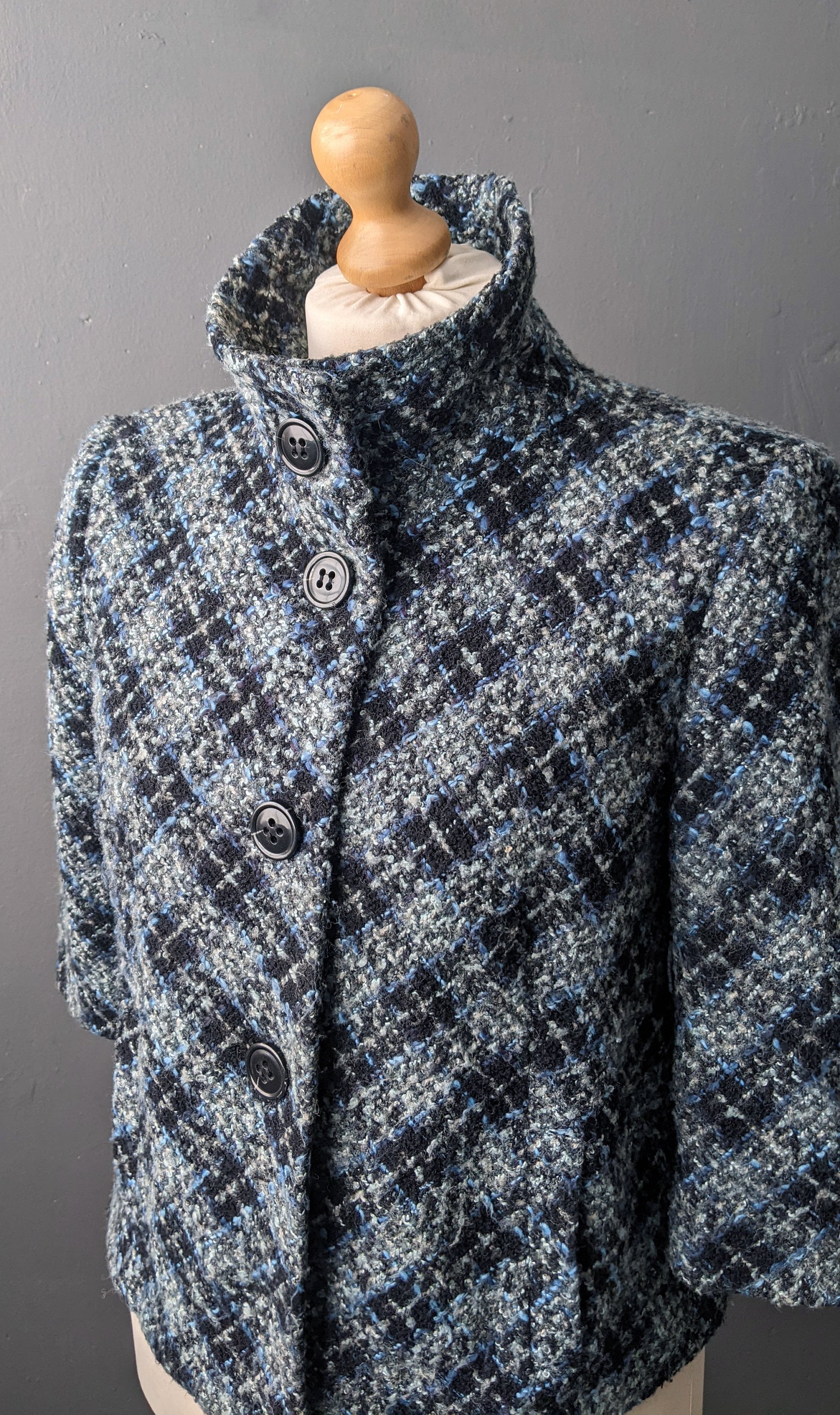 Y2K Check Boucle Wool Jacket, Short Bracelet Sleeve Coat, XL Plus Size