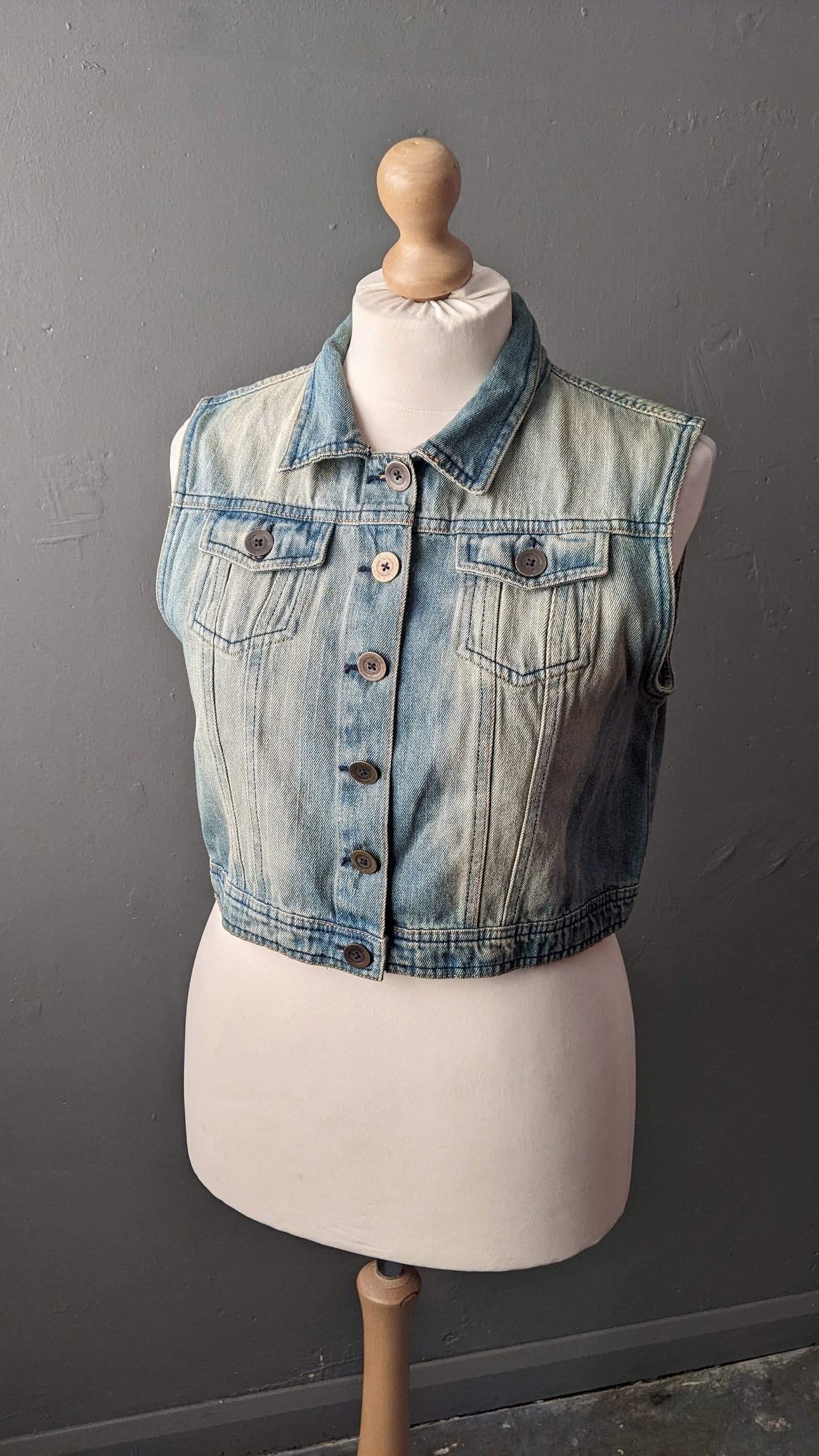 Faded Wash Denim Vest, Vintage 90s Sleeveless Jean Jacket, Size Large