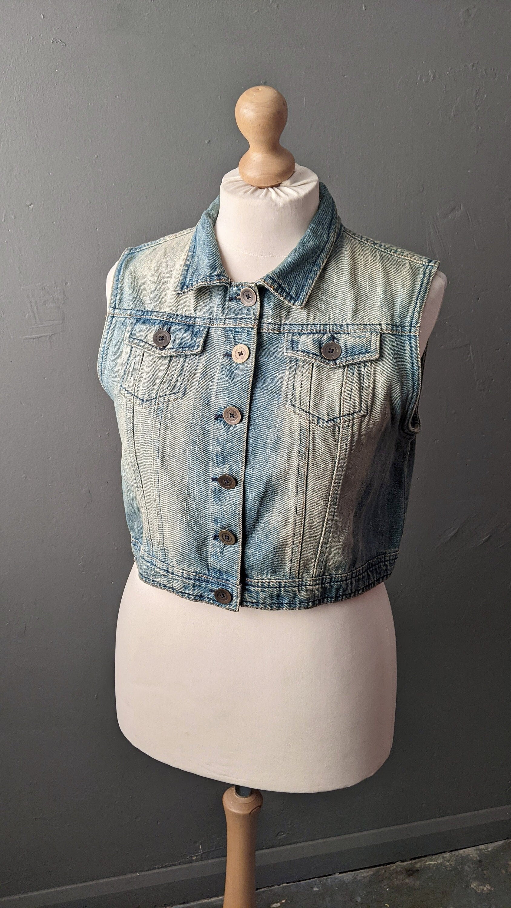 Faded Wash Denim Vest, Vintage 90s Sleeveless Jean Jacket, Size Large