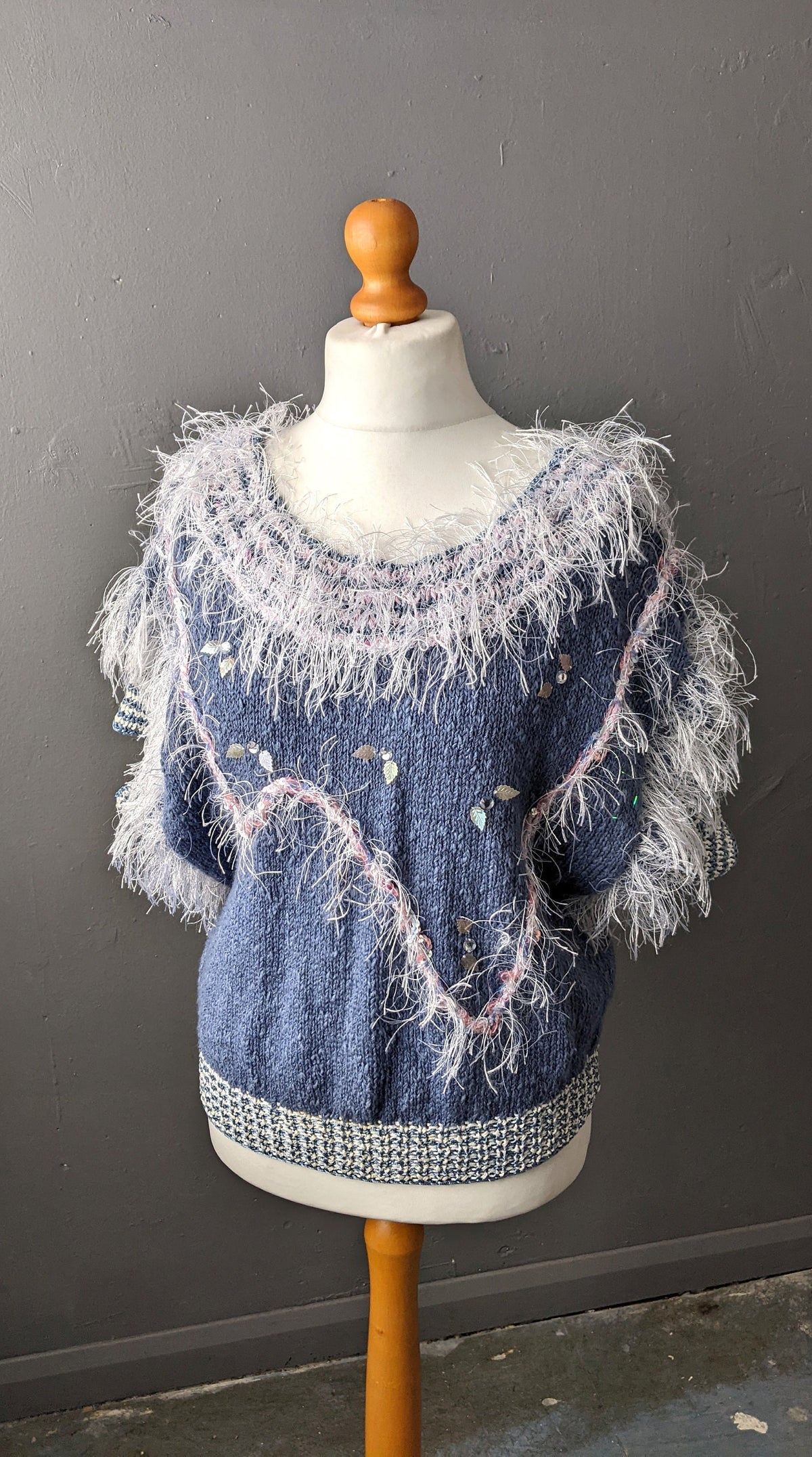 80s Fluffy Fringe Sweater, Kitsch Sequin Tank Top, Embellished Gem Vest, Small Medium