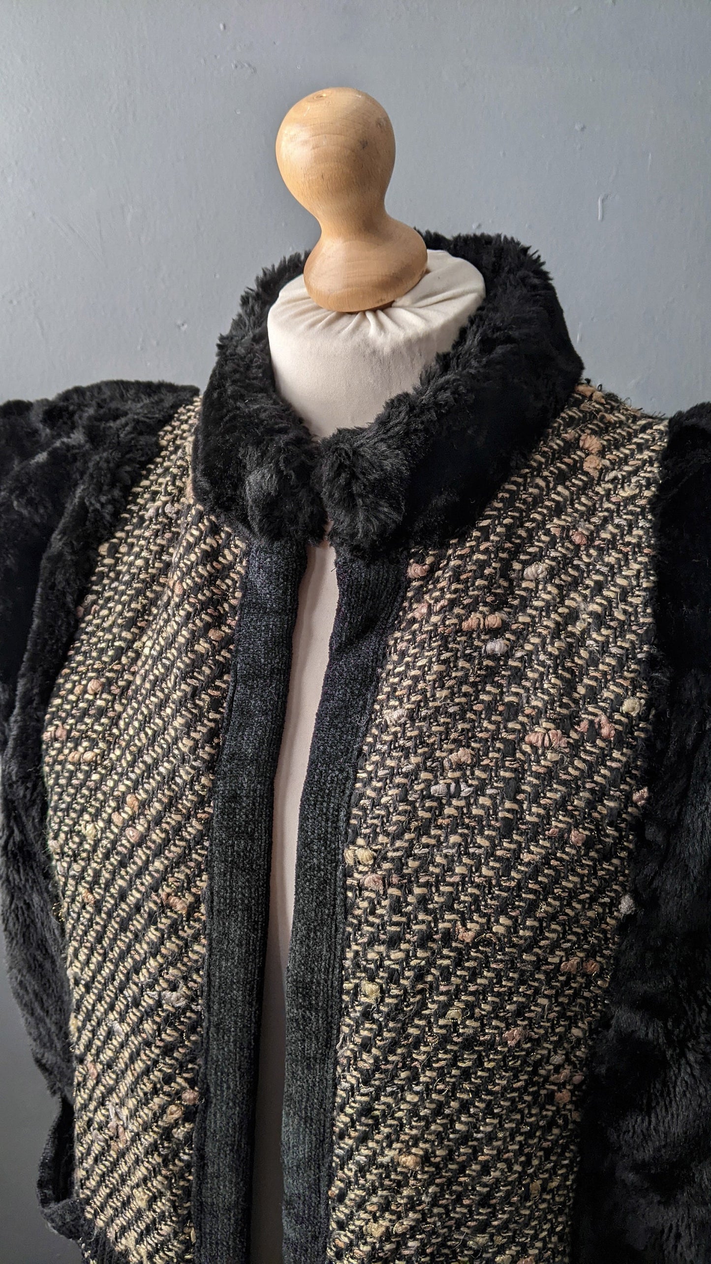 90s Faux Fur Cardigan Vest, Oversized Knit Gilet, Size Large