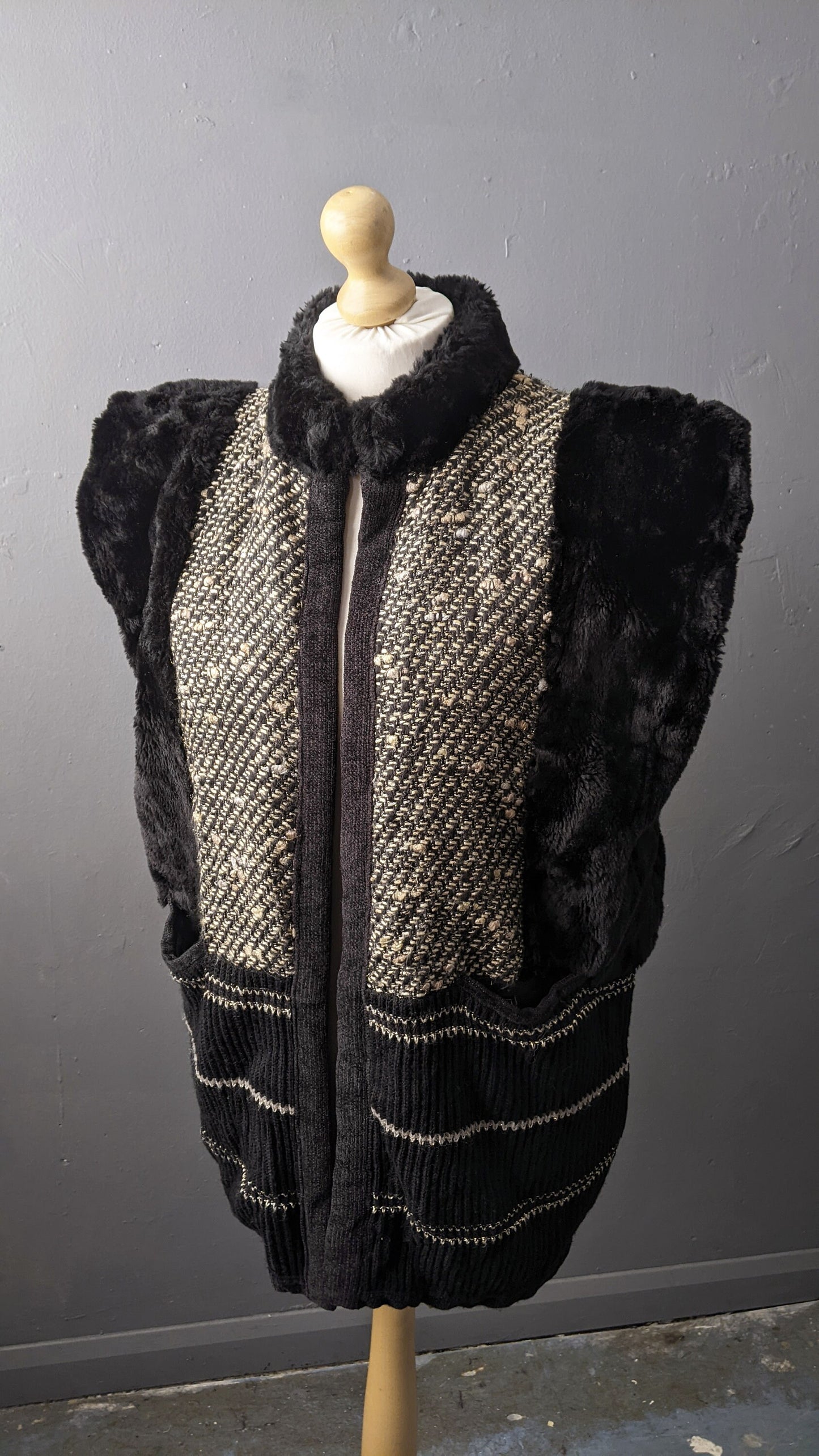 90s Faux Fur Cardigan Vest, Oversized Knit Gilet, Size Large