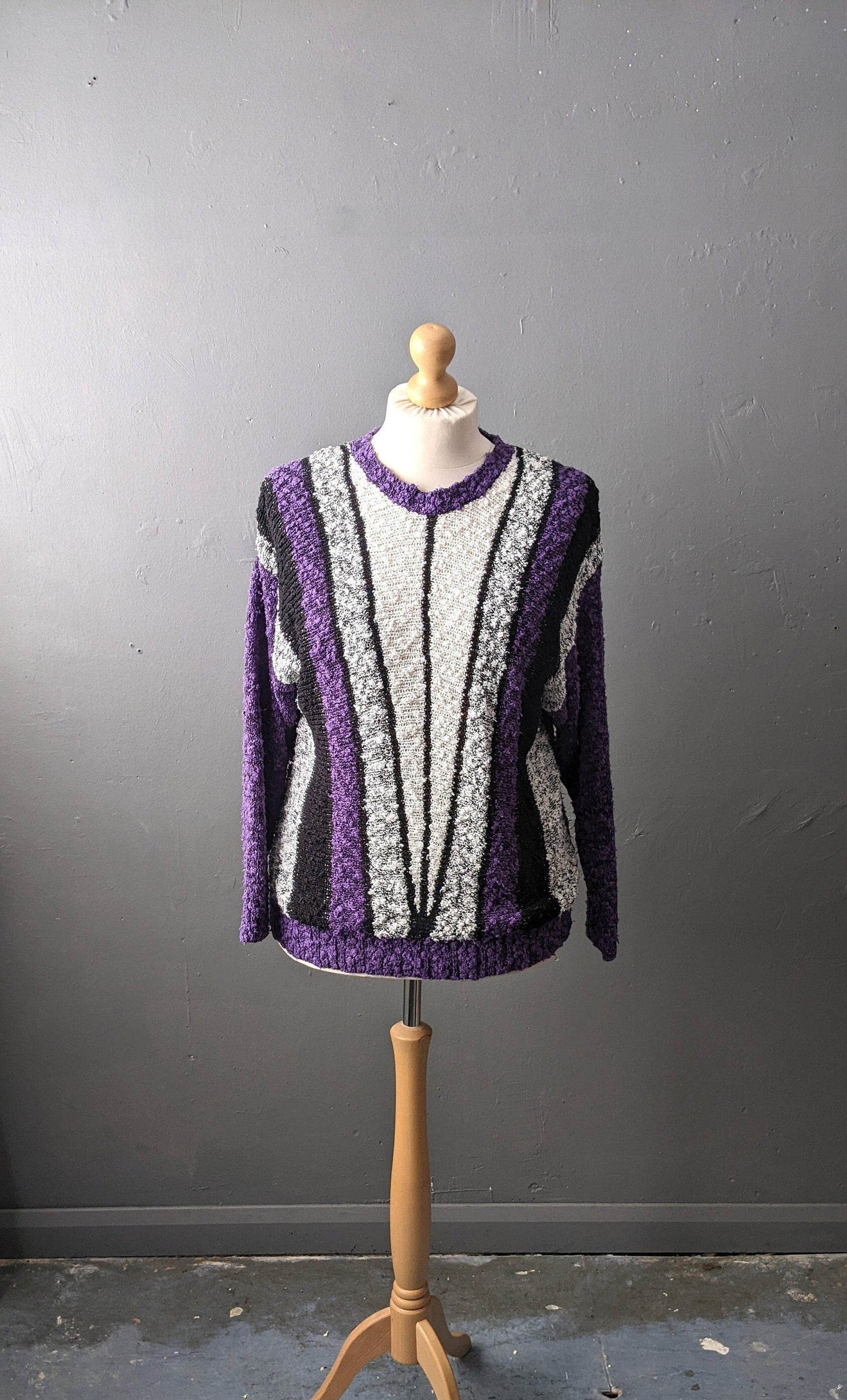 80s Bold Deco Knit Sweater, Geometric Boucle Jumper, Size Large