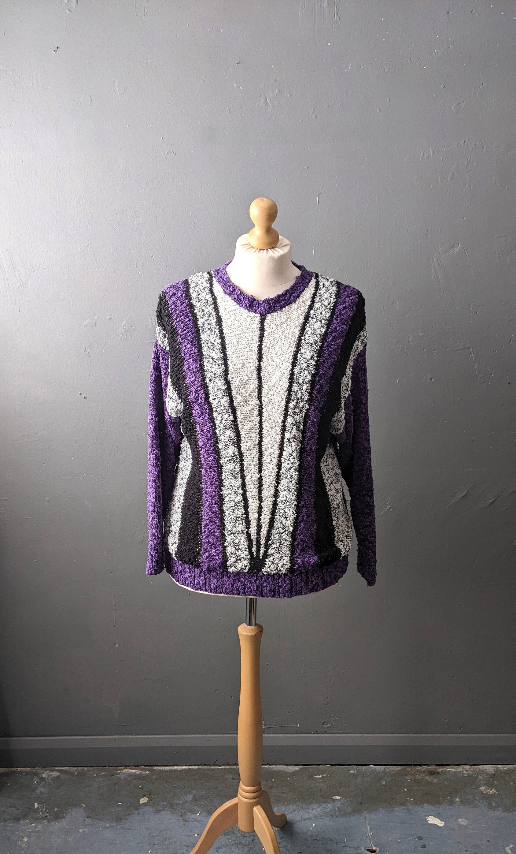 80s Bold Deco Knit Sweater, Geometric Boucle Jumper, Size Large