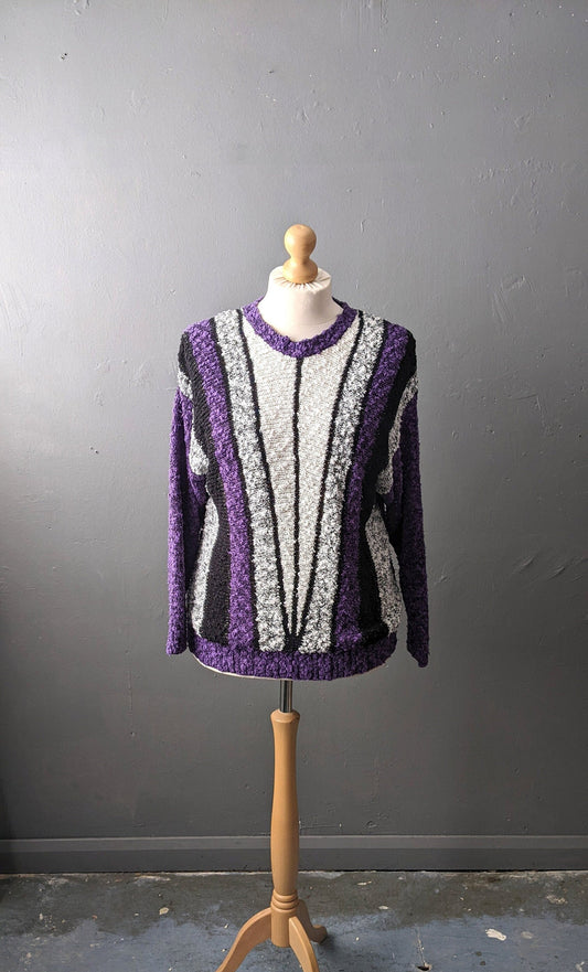 80s Bold Deco Knit Sweater, Geometric Boucle Jumper, Size Large