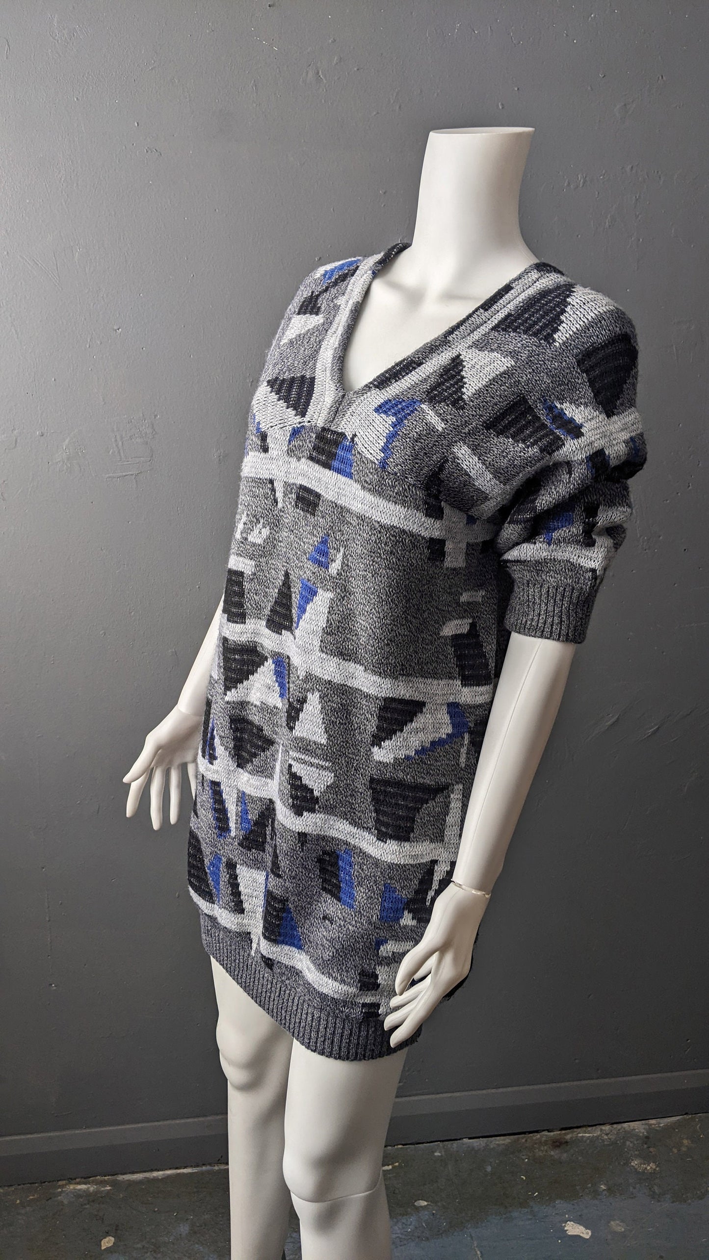 Retro Geometric Sweater Dress, Abstract Triangles Wool Jumper, Small to Medium